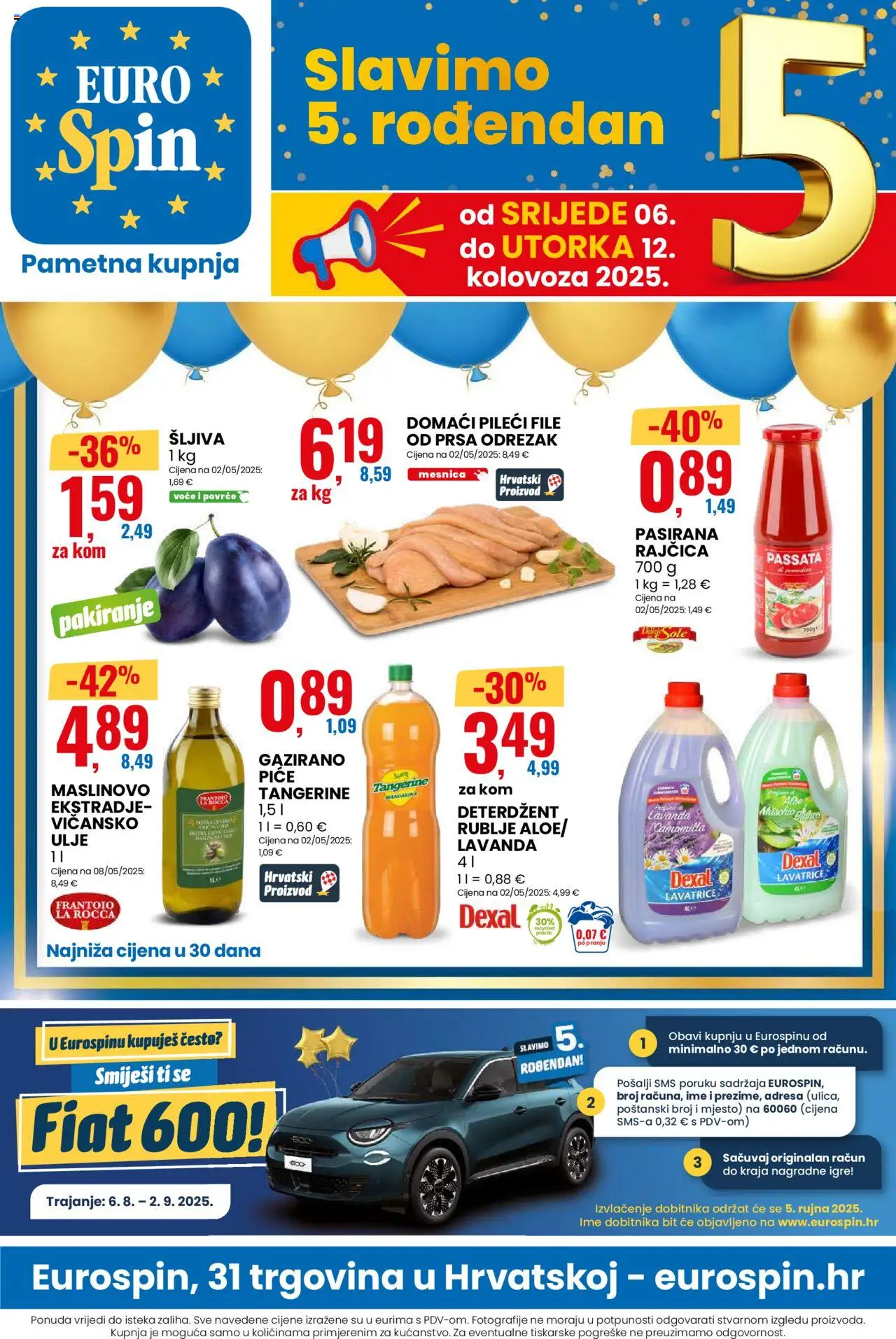 Eurospin katalog | vrijedi od 06.08.2025 | Stranica: 1 | Proizvodi: Pasirana rajčica, Deterdžent, Mandarine, Šljiva