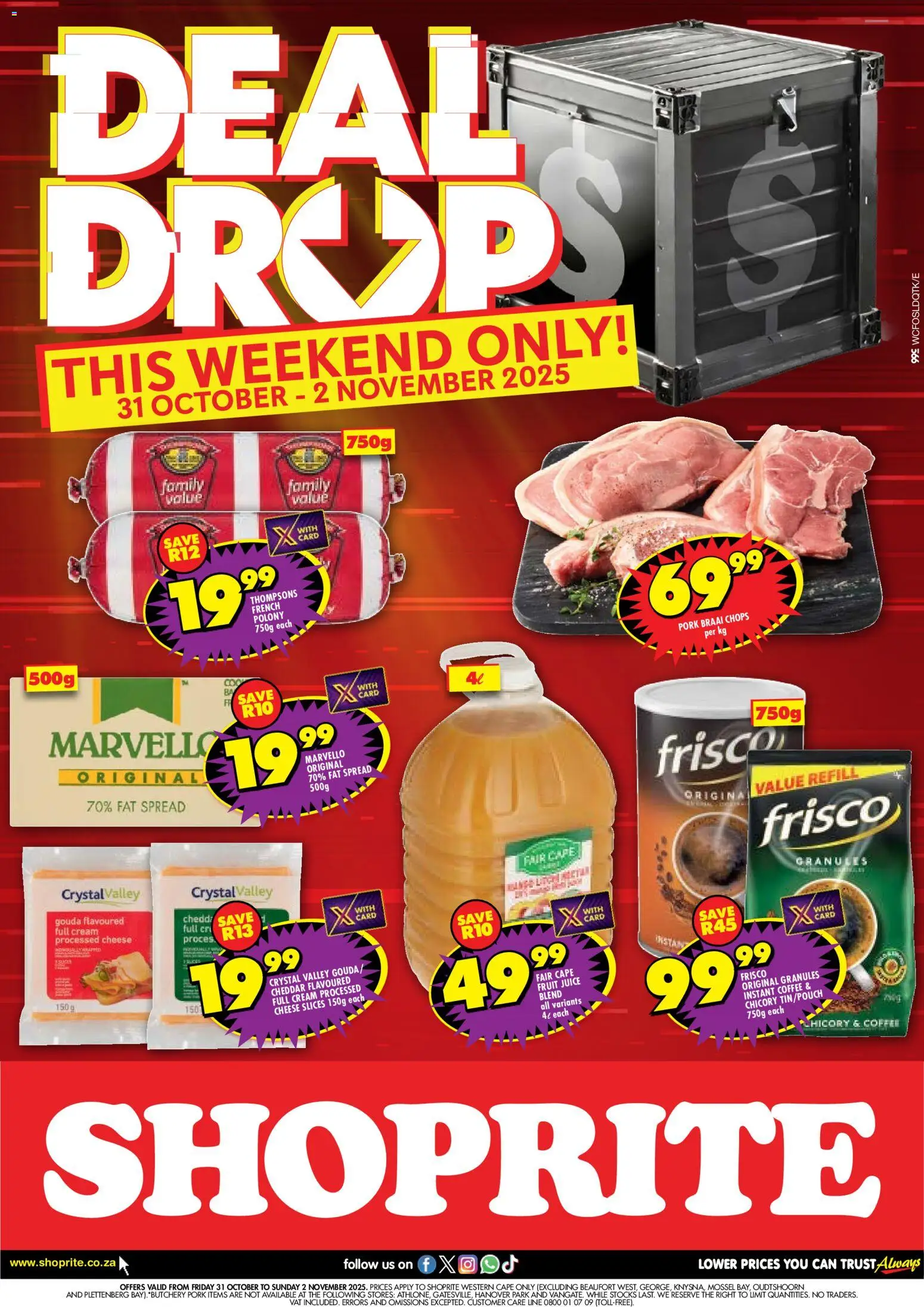 New Shoprite catalogue – valid from 31.10.2025 | Page: 1 | Products: Cheese, Pork, Fat spread, Fruit