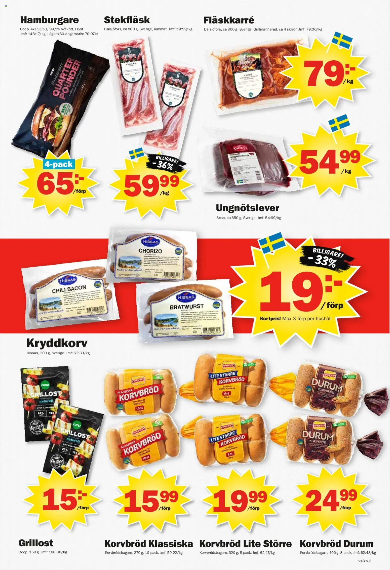 Pekås reklamblad aktuell från 27.04.2026 | Sida: 3 | Produkter: Hamburgare, Grillost, Korvbröd, Chorizo