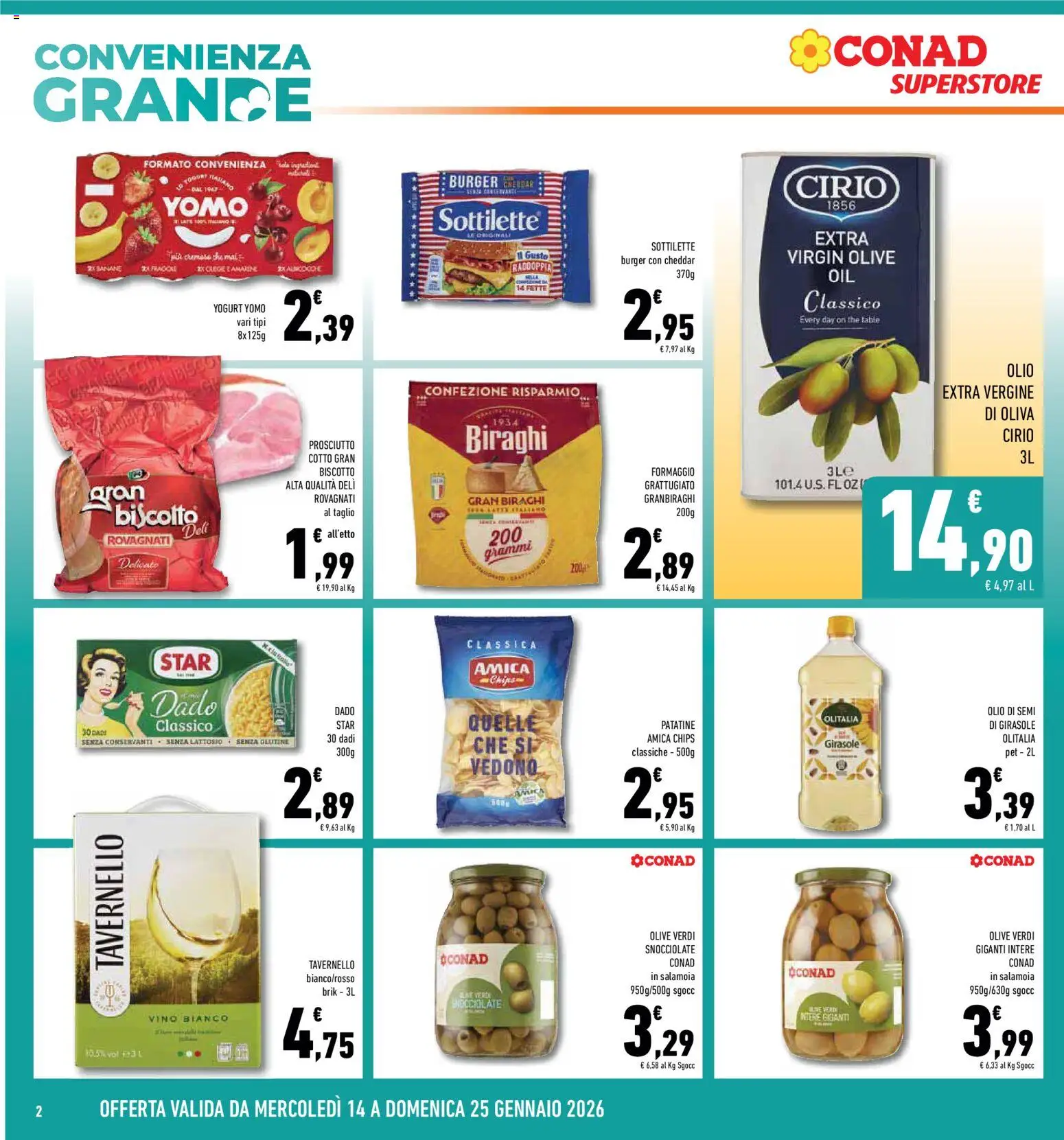 Volantino Conad del 14.01.2026 | Pagina: 2 | Prodotti: Patatine, Olio, Olive, Prosciutto