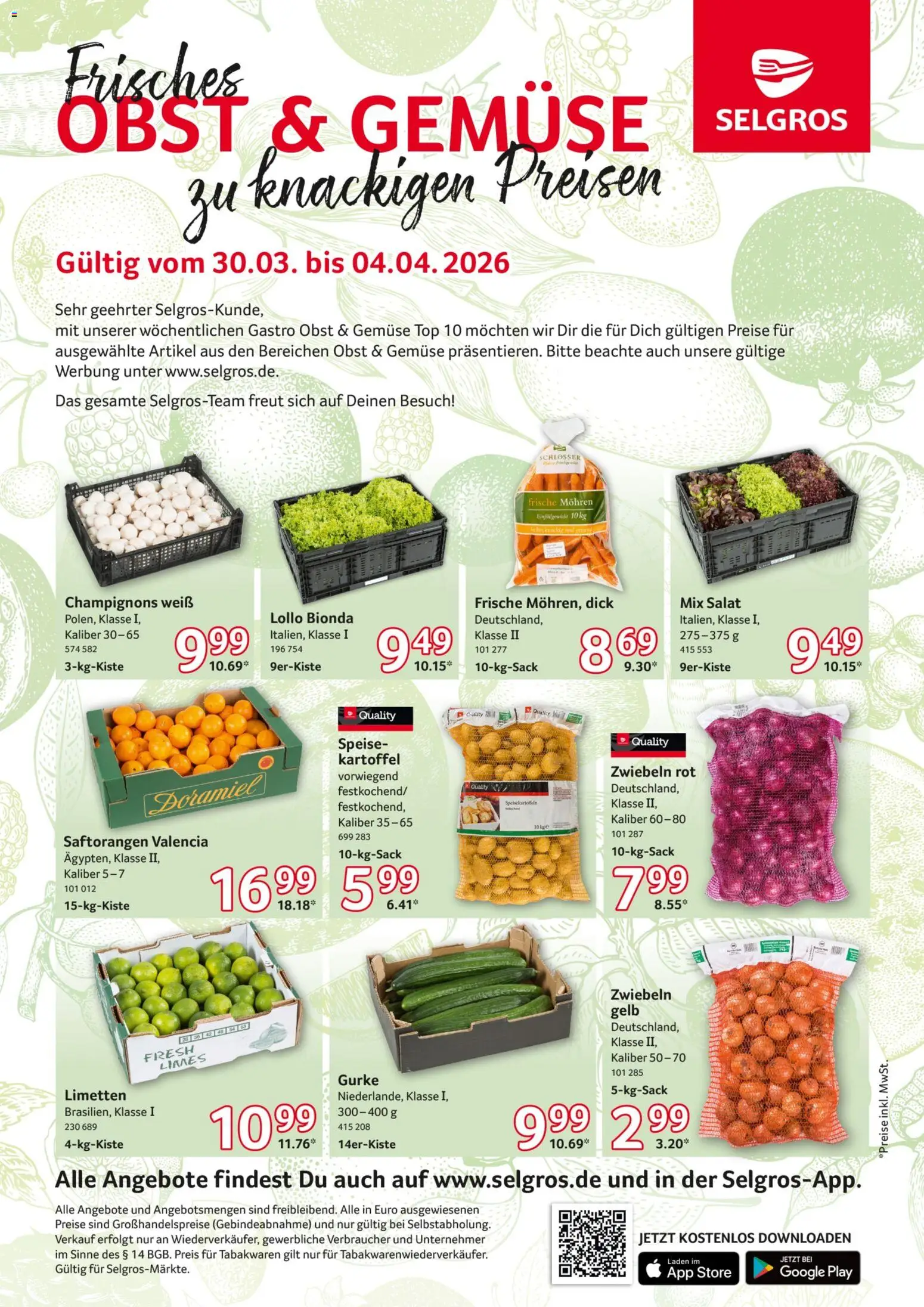 Selgros Obst & Gemüse – gültig ab 30.03.2026 | Seite: 1 | Produkte: Top, Limetten, Mohren, Champignons