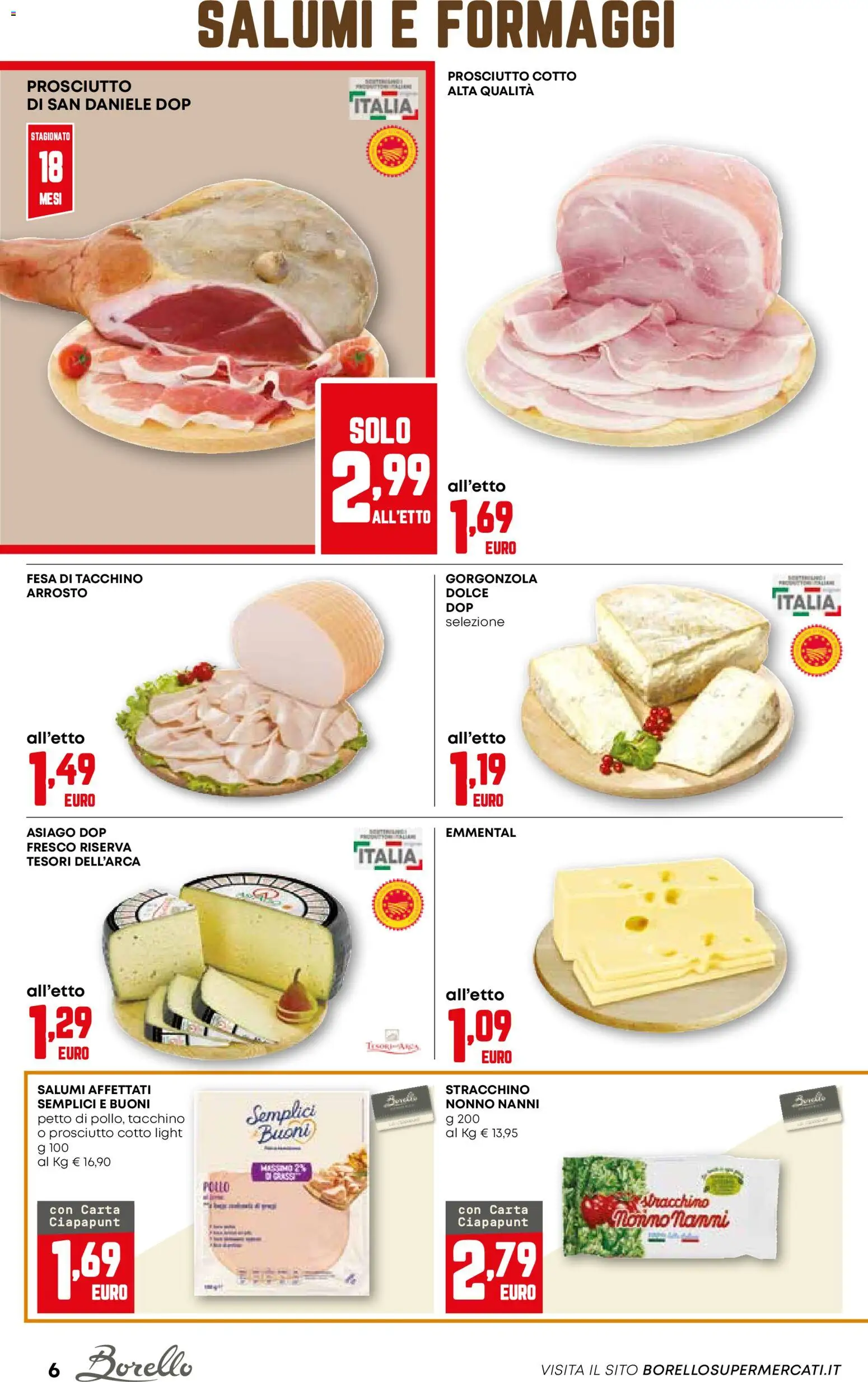 Volantino Borello Supermercati del 04.12.2025 | Pagina: 6 | Prodotti: Arrosto, Tacchino, Prosciutto, Emmental