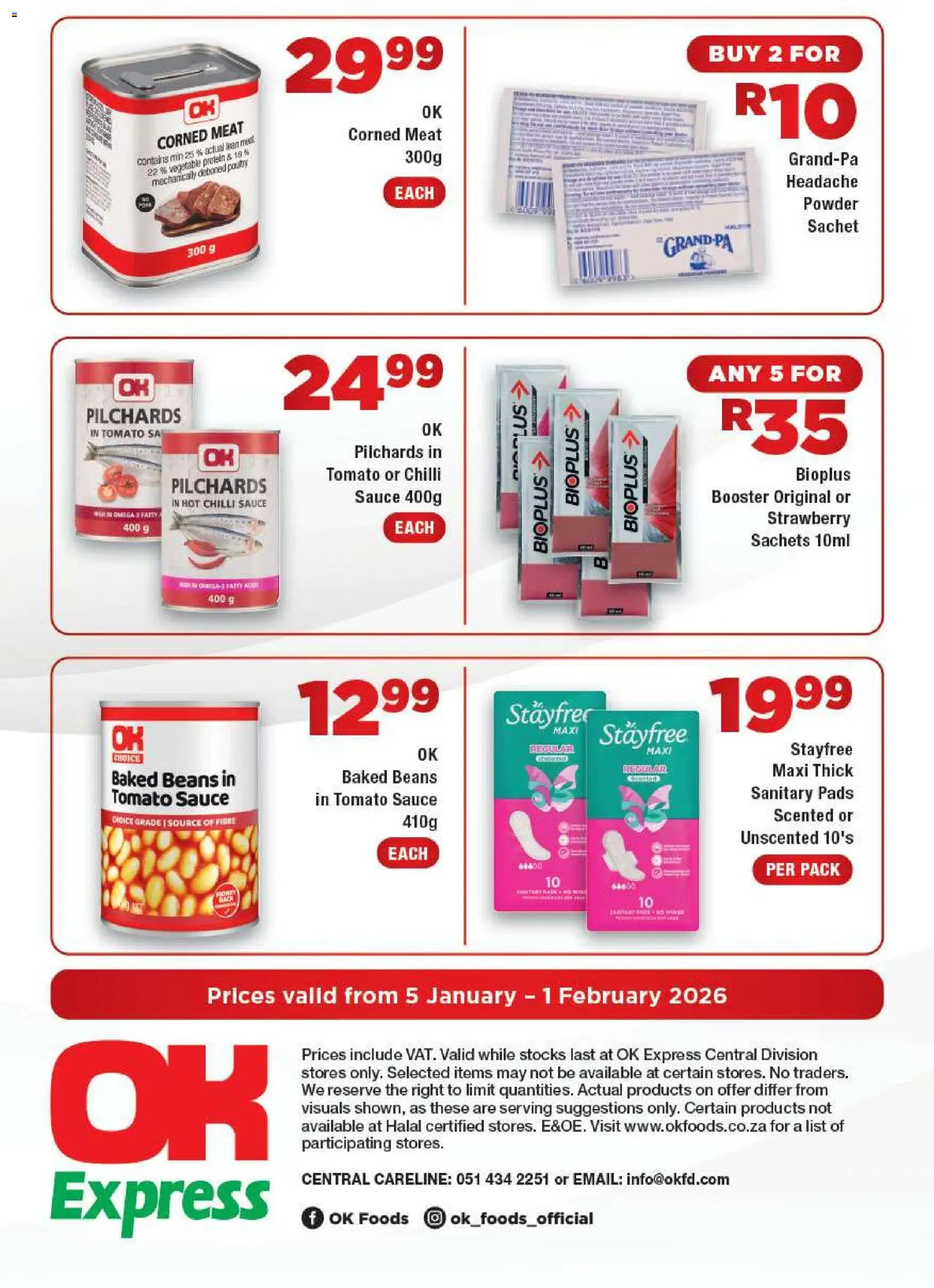New OK Foods catalogue – valid from 05.01.2026 | Page: 4 | Products: Corned meat, Baked beans, Powder, Tomato sauce
