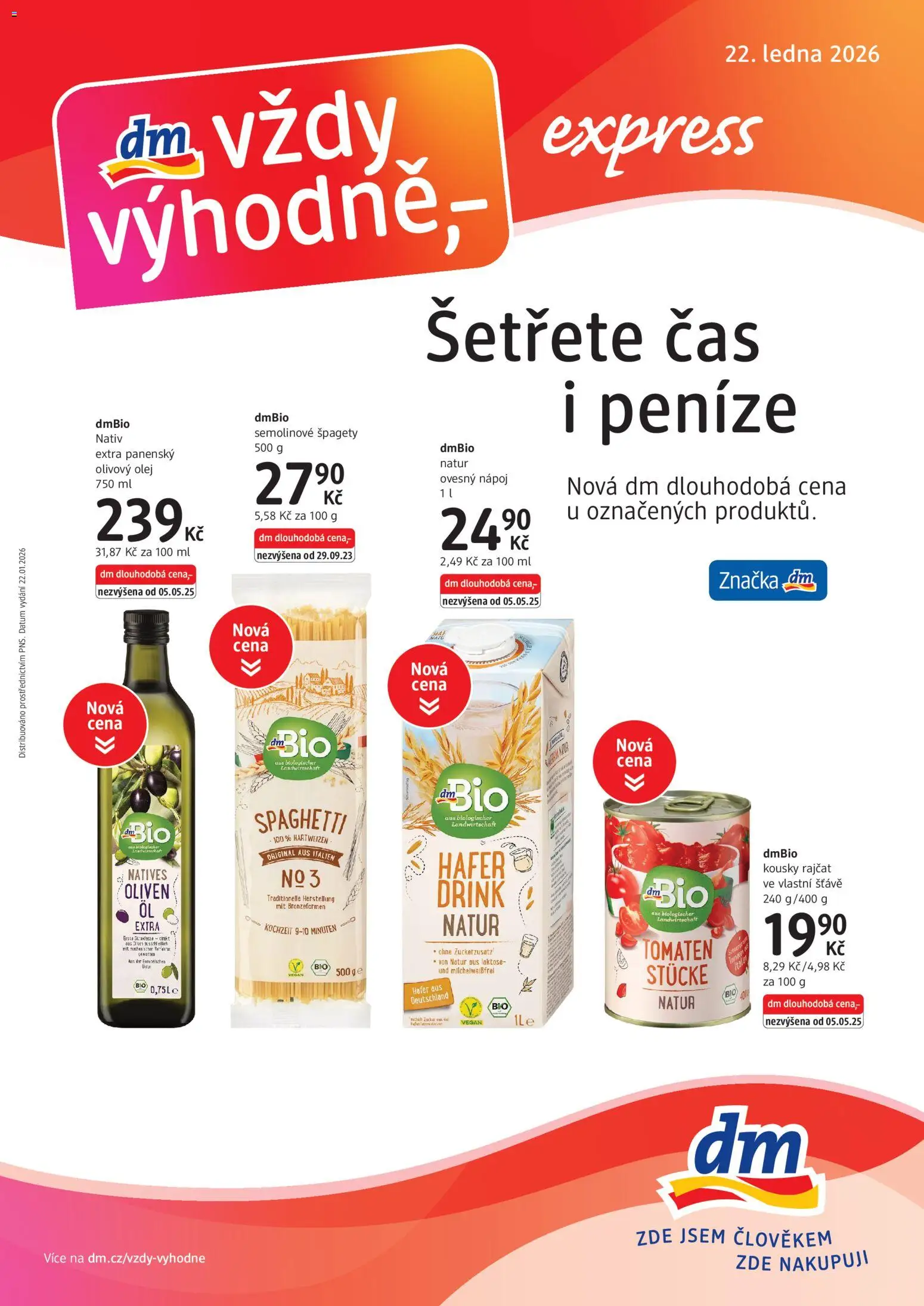 dm drogerie leták - Express od 22.01.2026 | Strana: 1 | Produkty: Olivový olej, Olej, Ovesný nápoj, Špagety