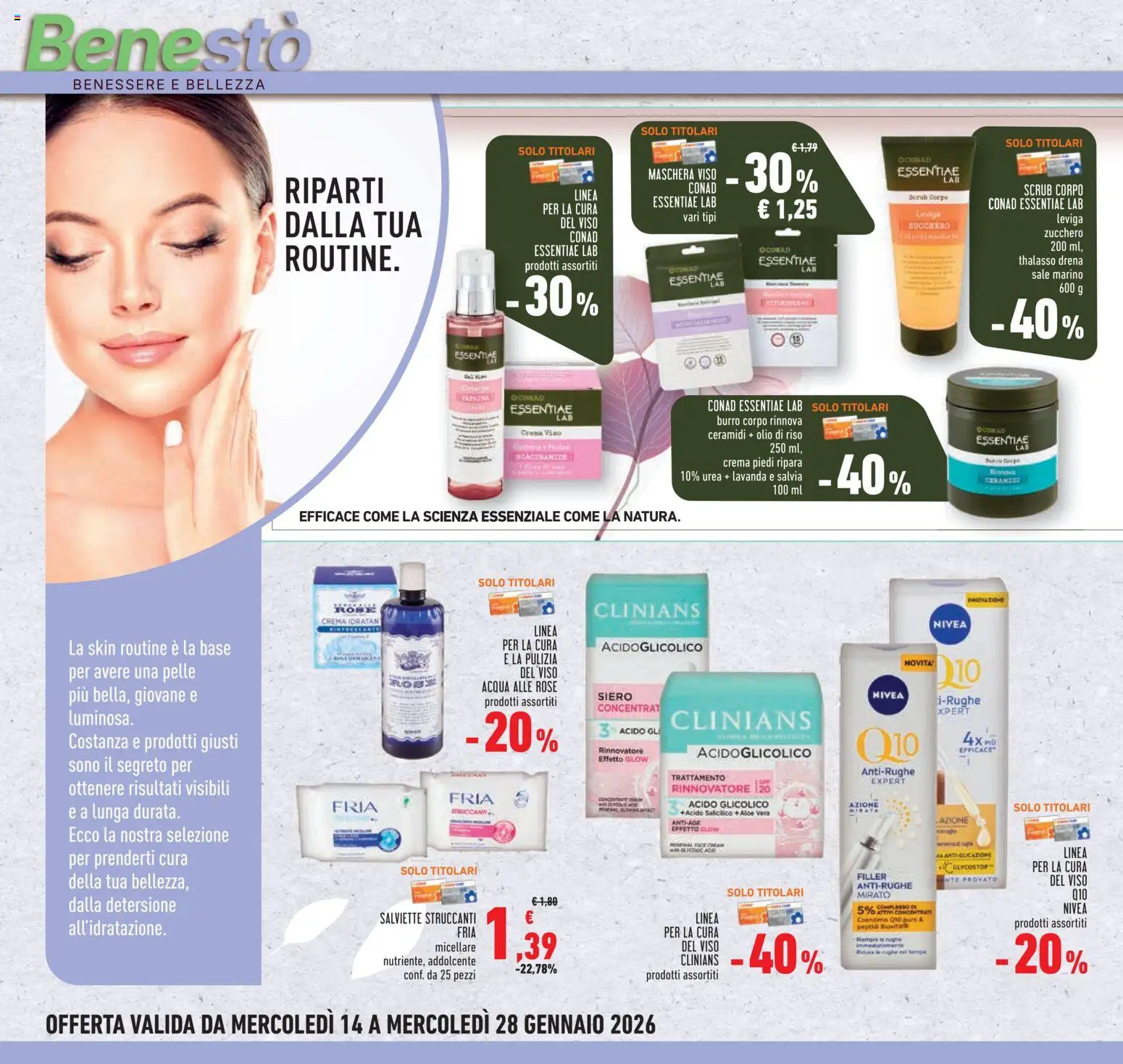 Volantino Conad del 14.01.2026 | Pagina: 20 | Prodotti: Maschera, Salviette struccanti, Scrub, Lavanda