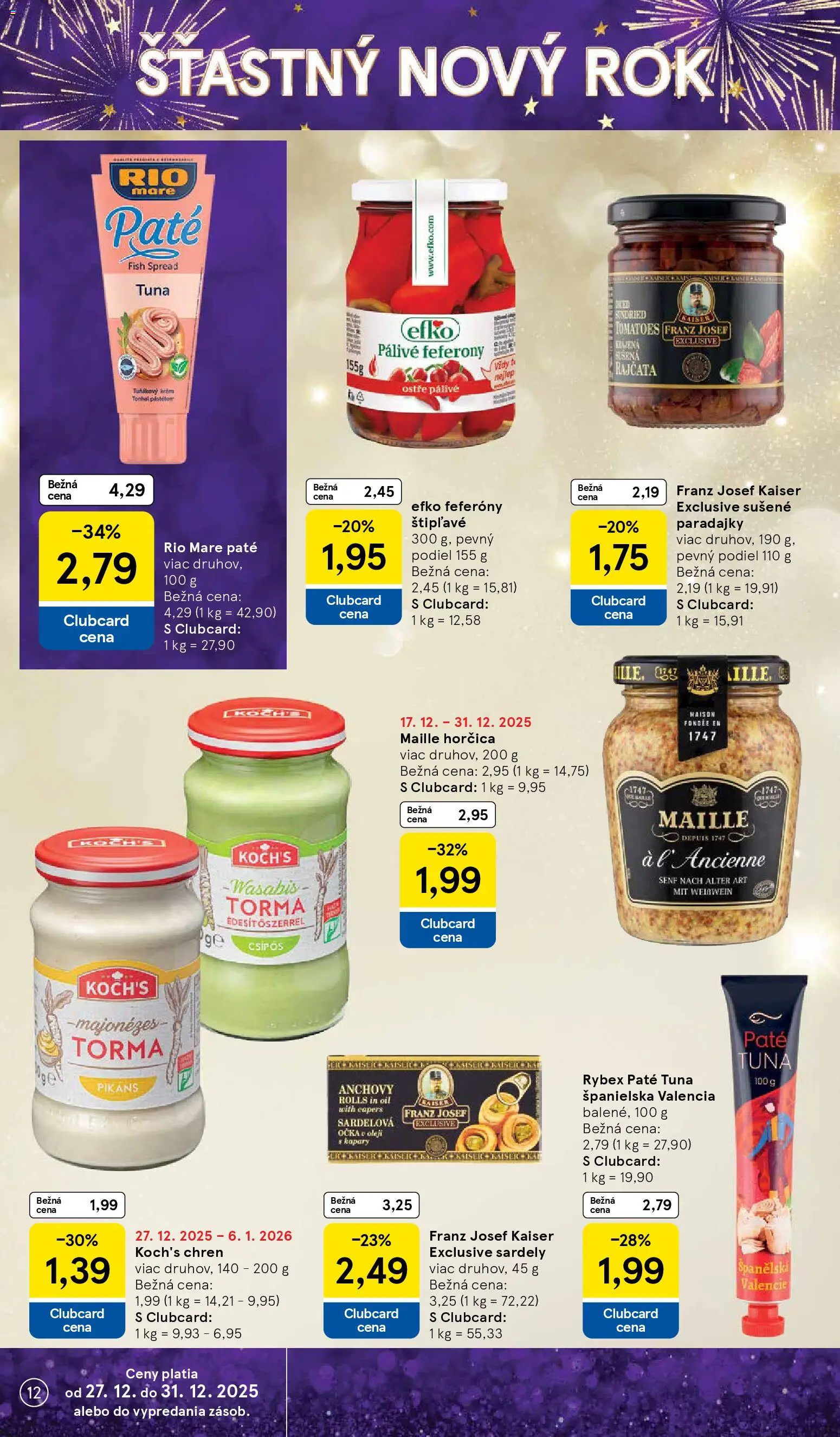 Nové Tesco akcie – leták je platný od 27.12.2025 | Strana: 12 | Produkty: Chren, Paradajky, Rio Mare, Krém