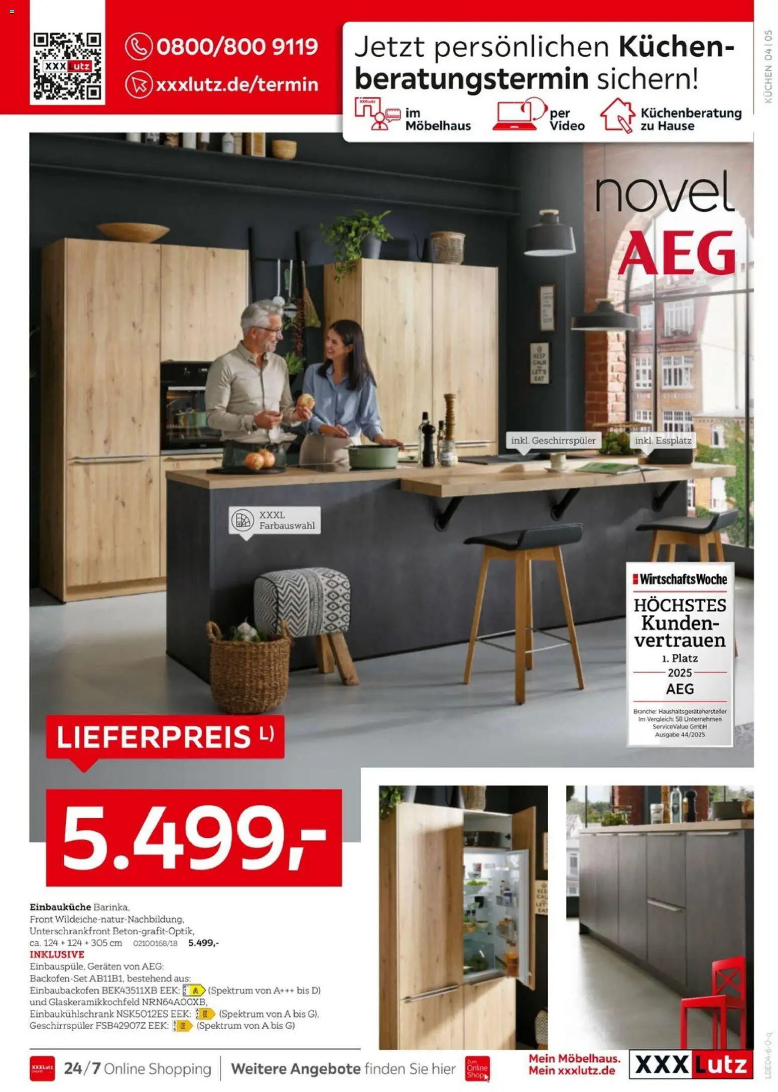 XXXLutz AEG zum Bestpreis – gültig ab 18.04.2025 | Seite: 5 | Produkte: Geschirrspüler, Einbauküche, Kuchen, Video