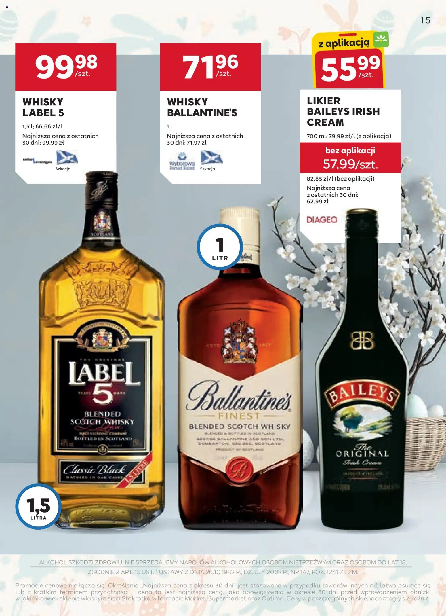 Stokrotka gazetka - Oferta alkoholowa od 19.03.2026 | Strona: 15 | Produkty: Baileys, Stokrotka, Alkohol, Whisky