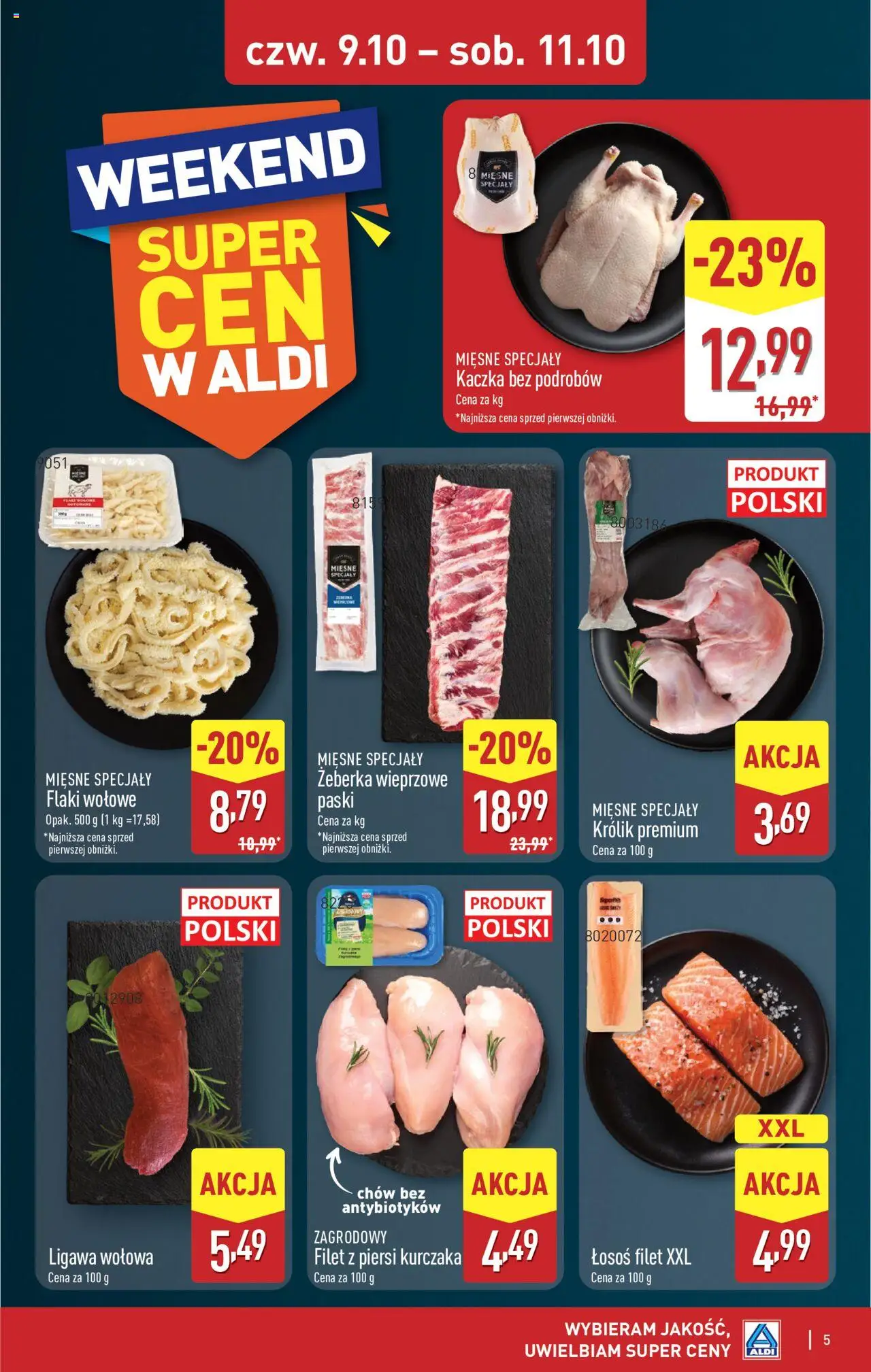 Aldi Gazetka - Okazje na weekend od 09.10.2025 | Strona: 5 | Produkty: Piersi, Kaczka, Łosoś, Flaki
