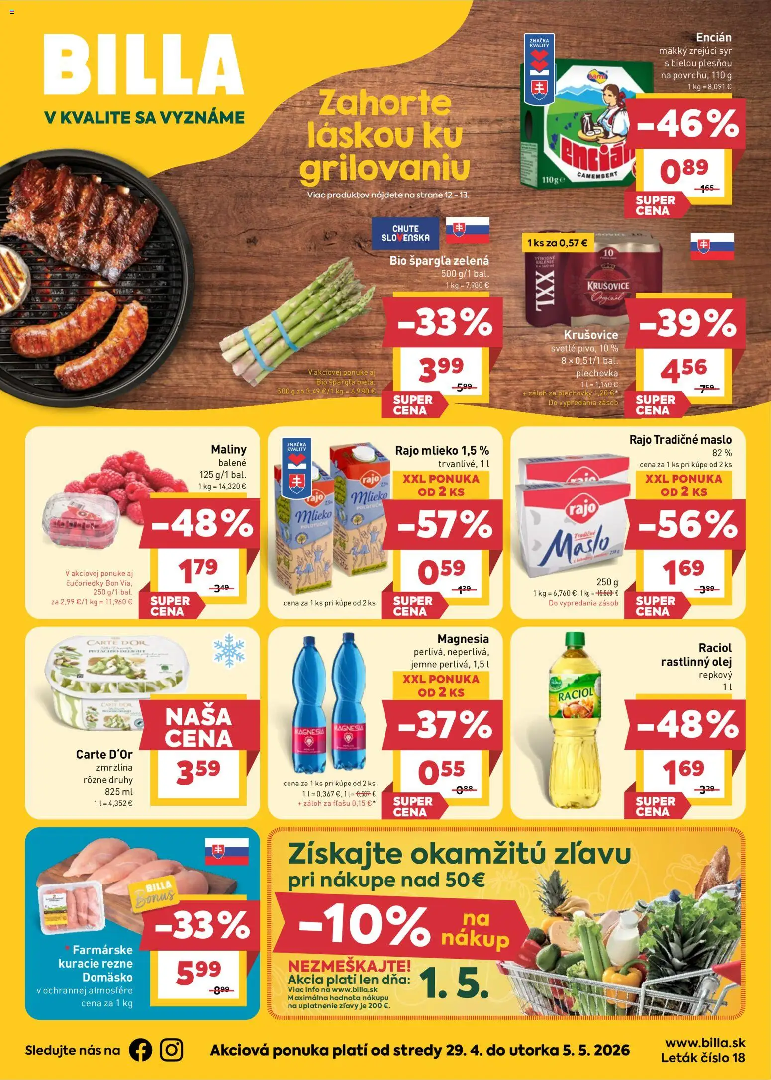 Nové Billa akcie – leták je platný od 29.04.2026 | Strana: 1 | Produkty: Mlieko, Kuracie rezne, Čučoriedky, Maliny
