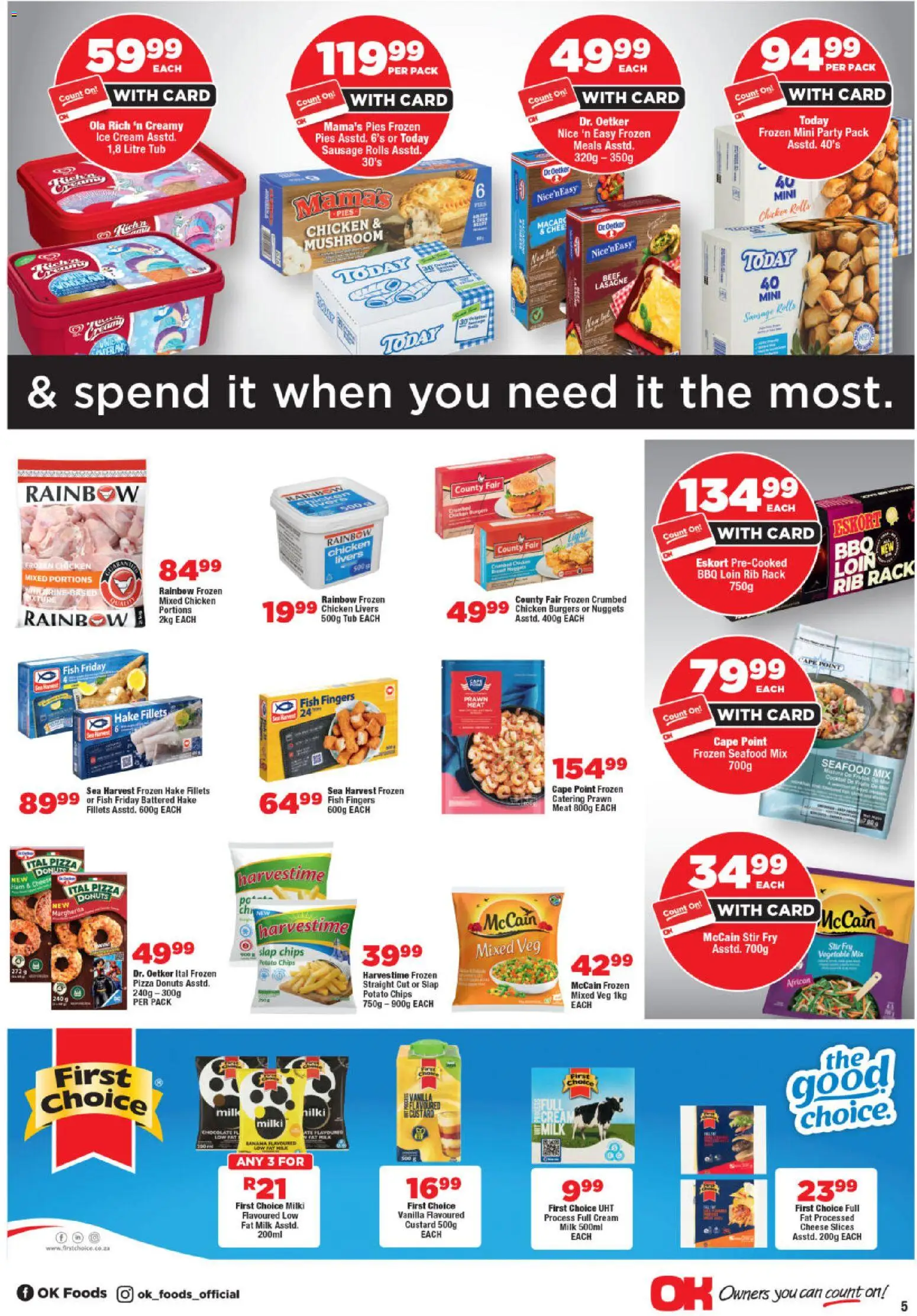 New OK Foods catalogue – valid from 25.11.2025 | Page: 5 | Products: Milk, Burgers, Cream, Seafood