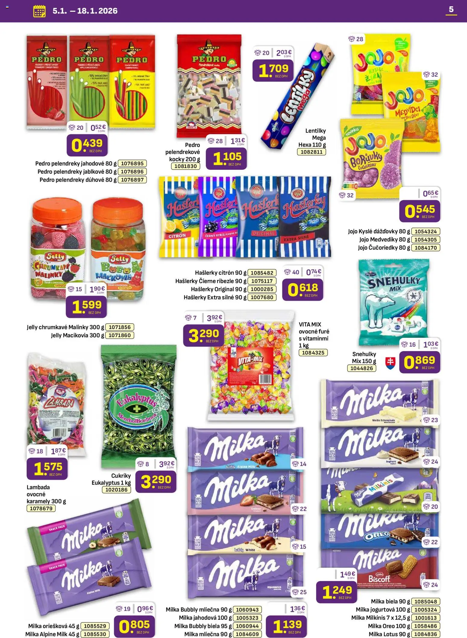 Nové Libex akcie – leták je platný od 05.01.2026 | Strana: 5 | Produkty: Ríbezle, Cukríky, Čučoriedky, Milka