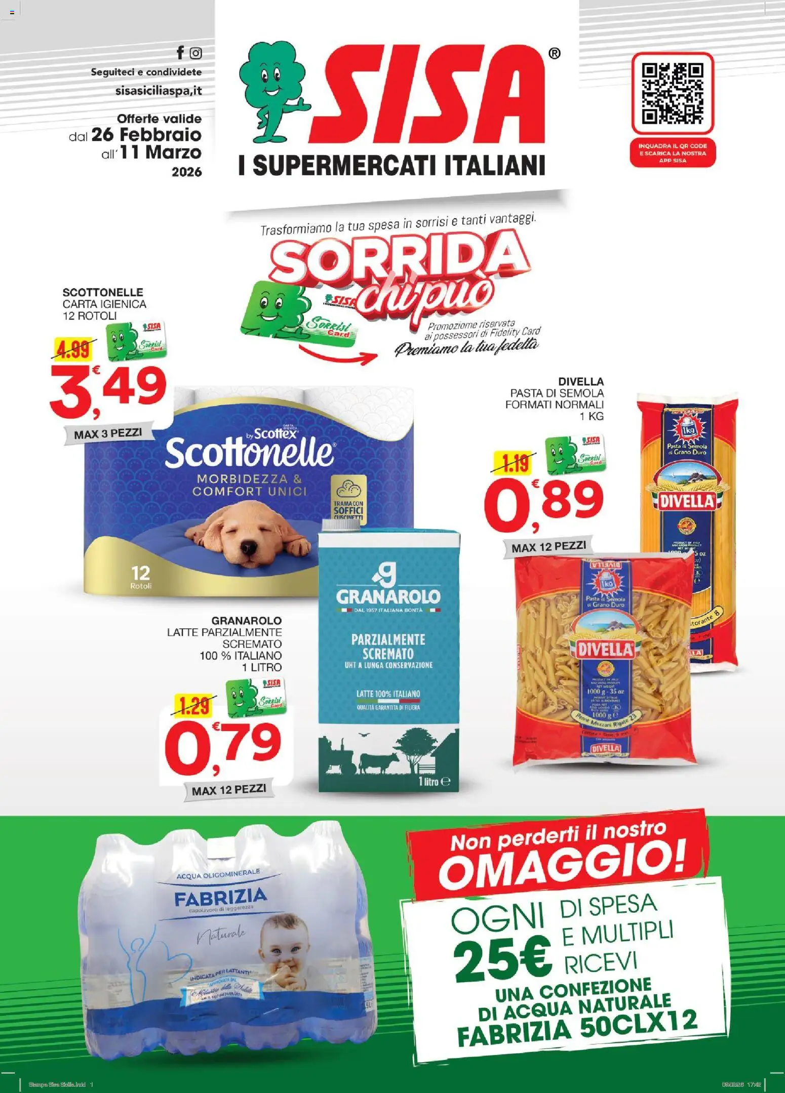 Volantino SISA del 26.02.2026 | Pagina: 1 | Prodotti: Latte, Pasta, Acqua naturale, Penne