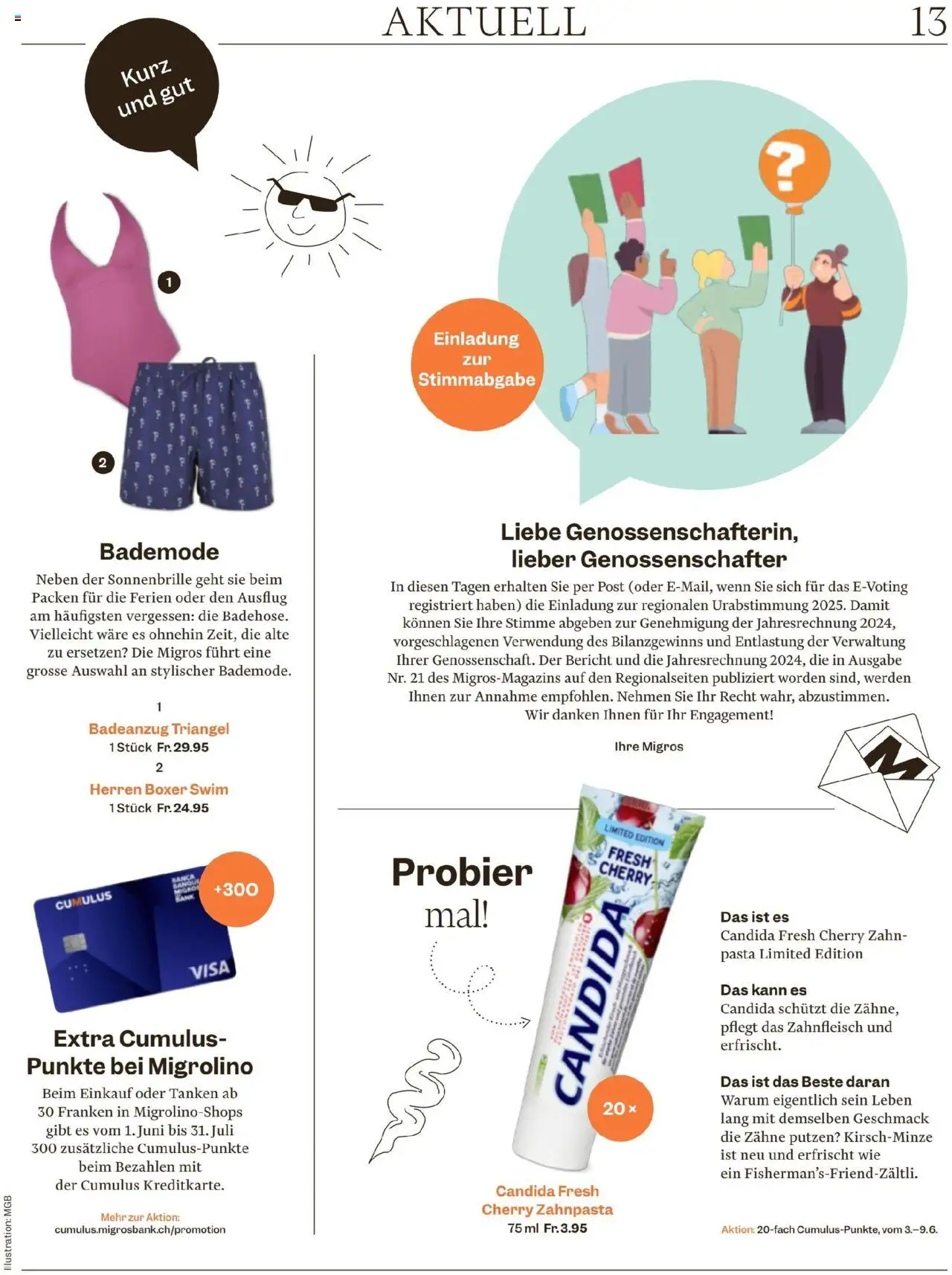 Migros Magazin ab 03.06.2025 | Seite: 13 | Produkte: Bademode, Zahnpasta, Boxer, Pasta