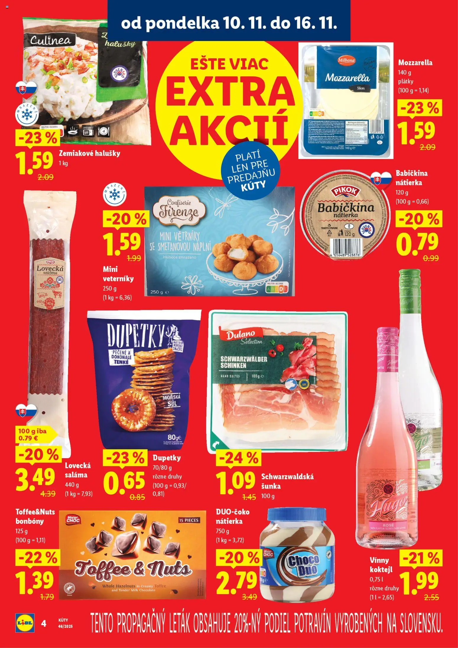 Nové Lidl akcie – leták je platný od 10.11.2025 | Strana: 4 | Produkty: Saláma, Šunka, Mozzarella