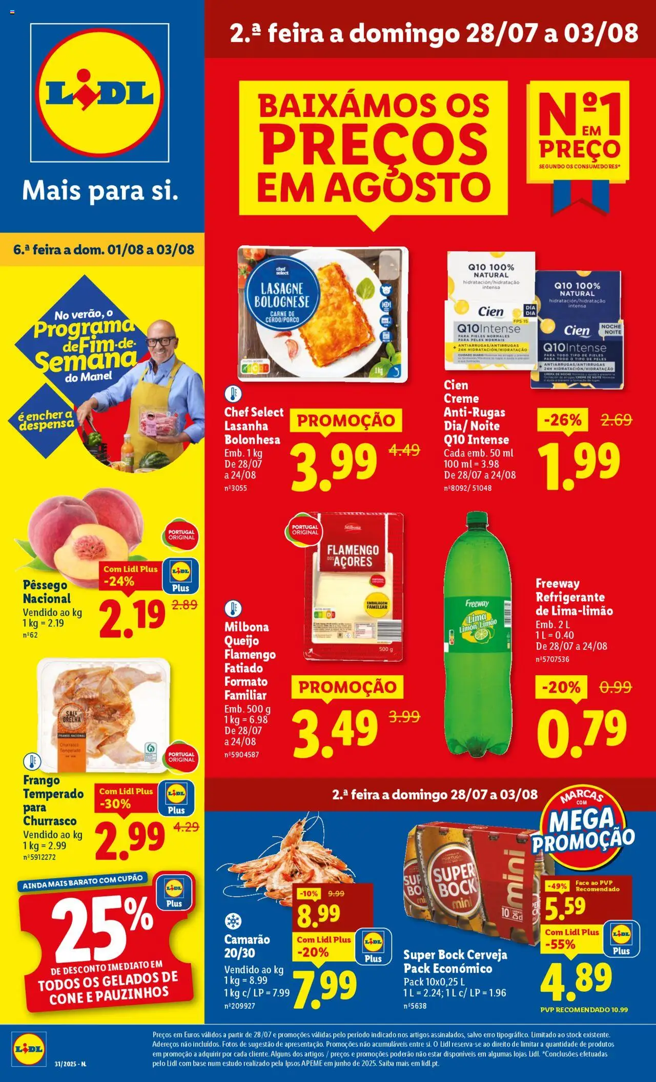 Lidl folheto │ válido de 28.07.2025 | Página: 1 | Produtos: Frango, Super bock, Base, Soda