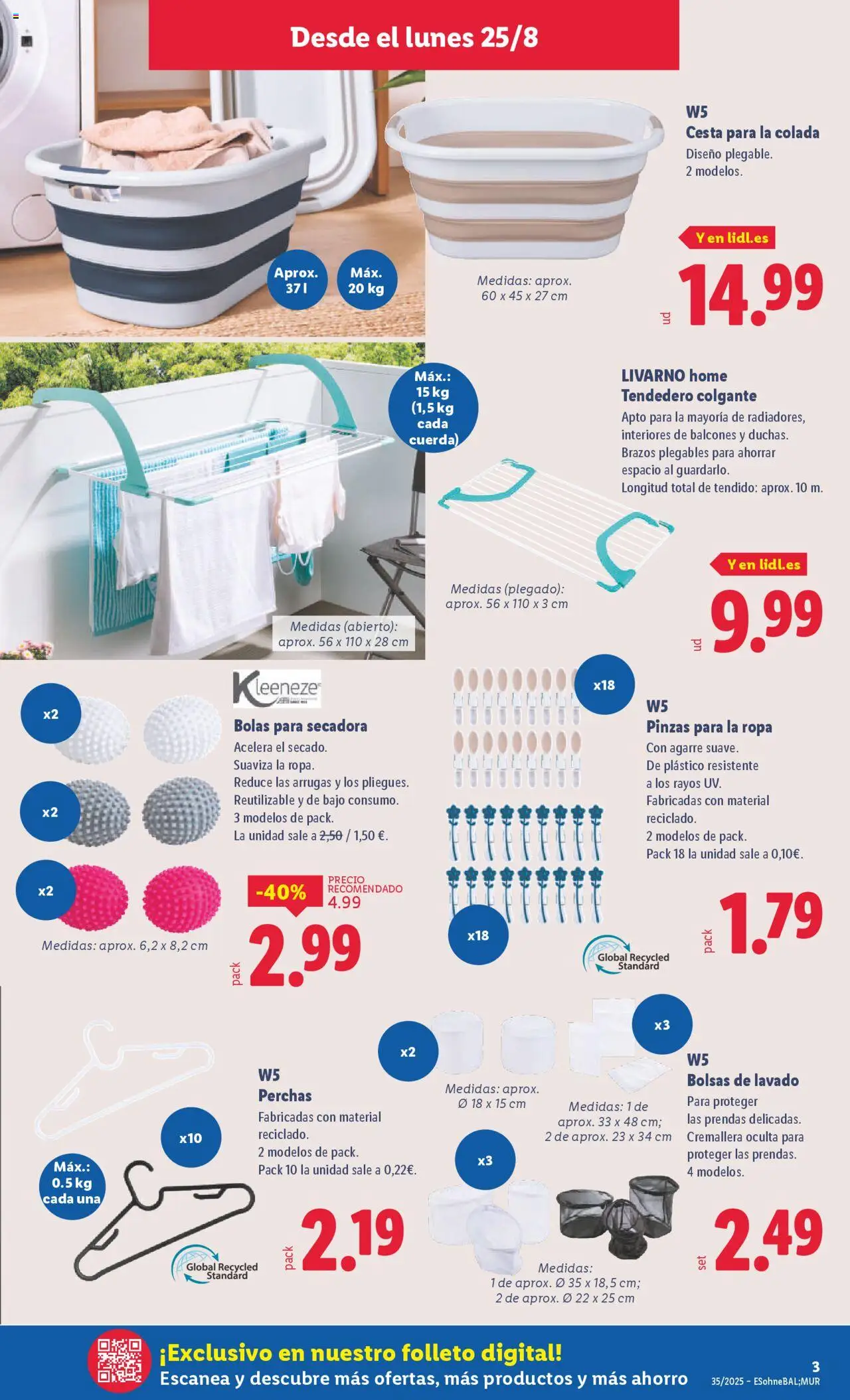 Lidl catálogo de bazar MAD │ válido desde el 25.08.2025 | Página: 3 | Productos: Ropa, Tendedero, Secadora, Cesta