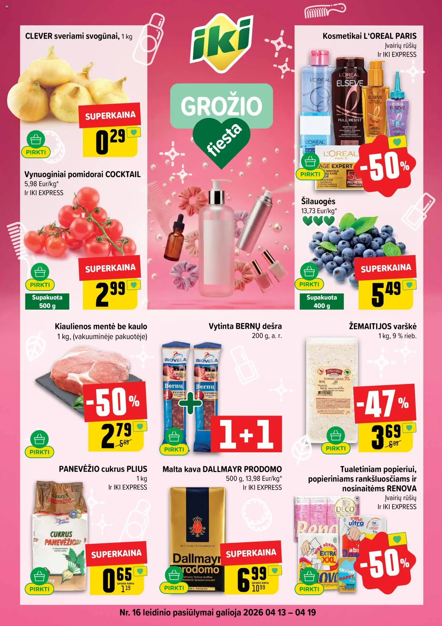 IKI akcijos nuo 13.04.2026 | Puslapis: 1 | Prekių: Kiaulienos, Varškė, Kava, Dešra