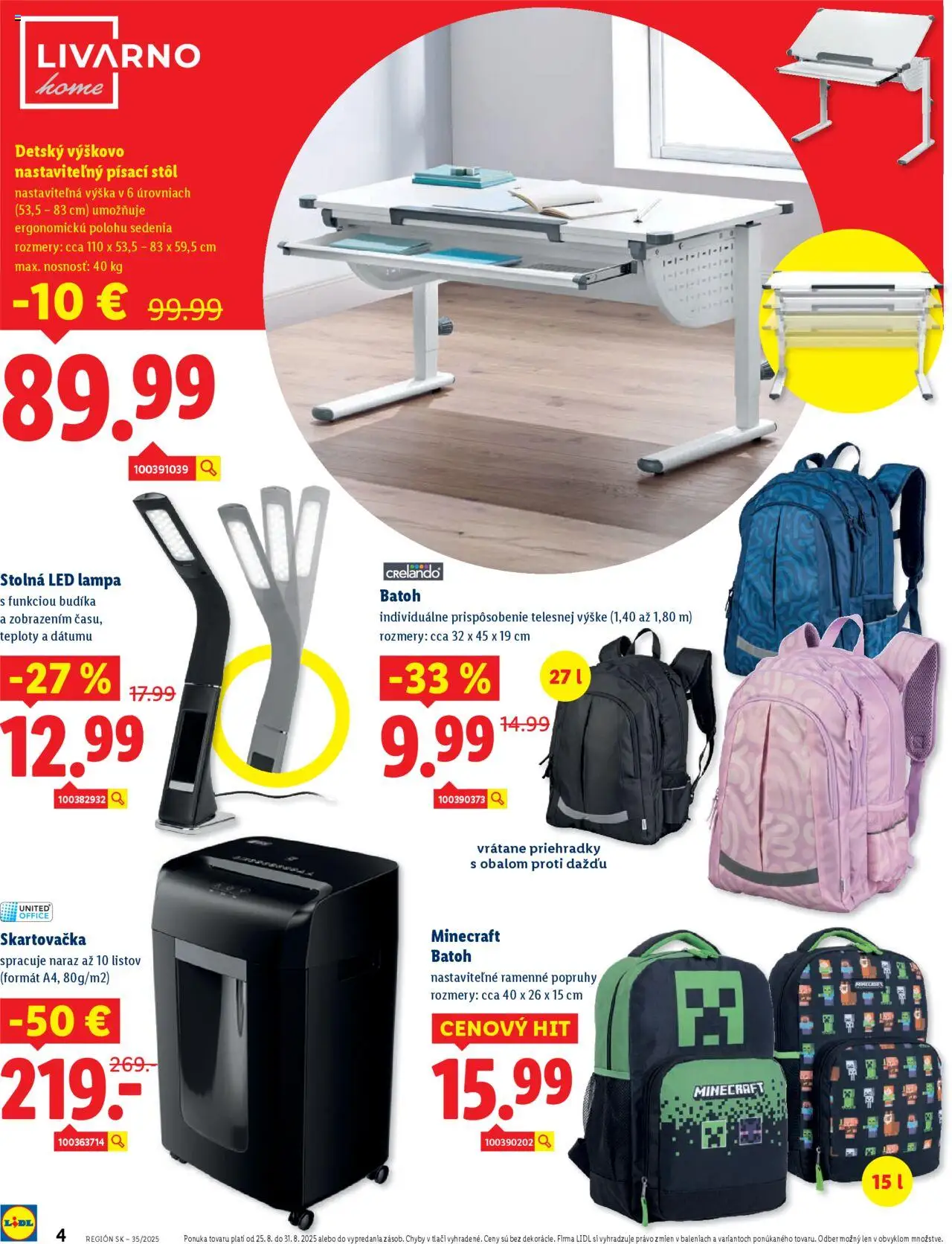 Lidl online magazín │ platný od 25.08.2025 | Strana: 4 | Produkty: Skartovačka, Lampa, Led lampa, Stôl
