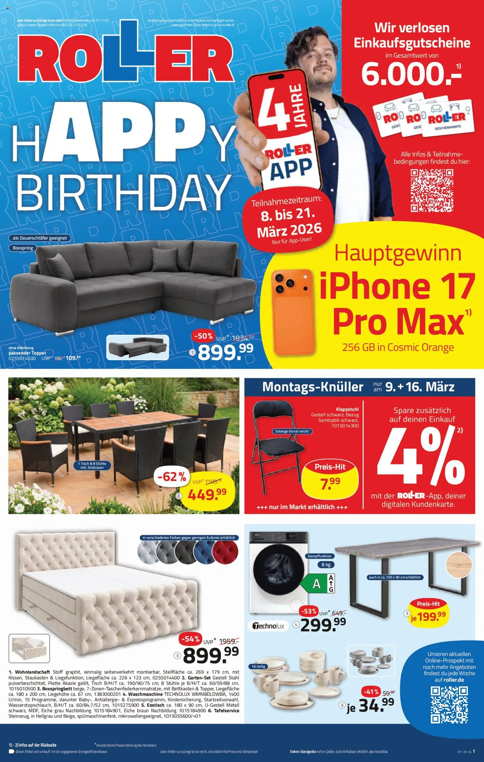 Roller Prospekt 	 – gültig ab 08.03.2026 | Seite: 1 | Produkte: Esstisch, Tisch, Topper, Iphone