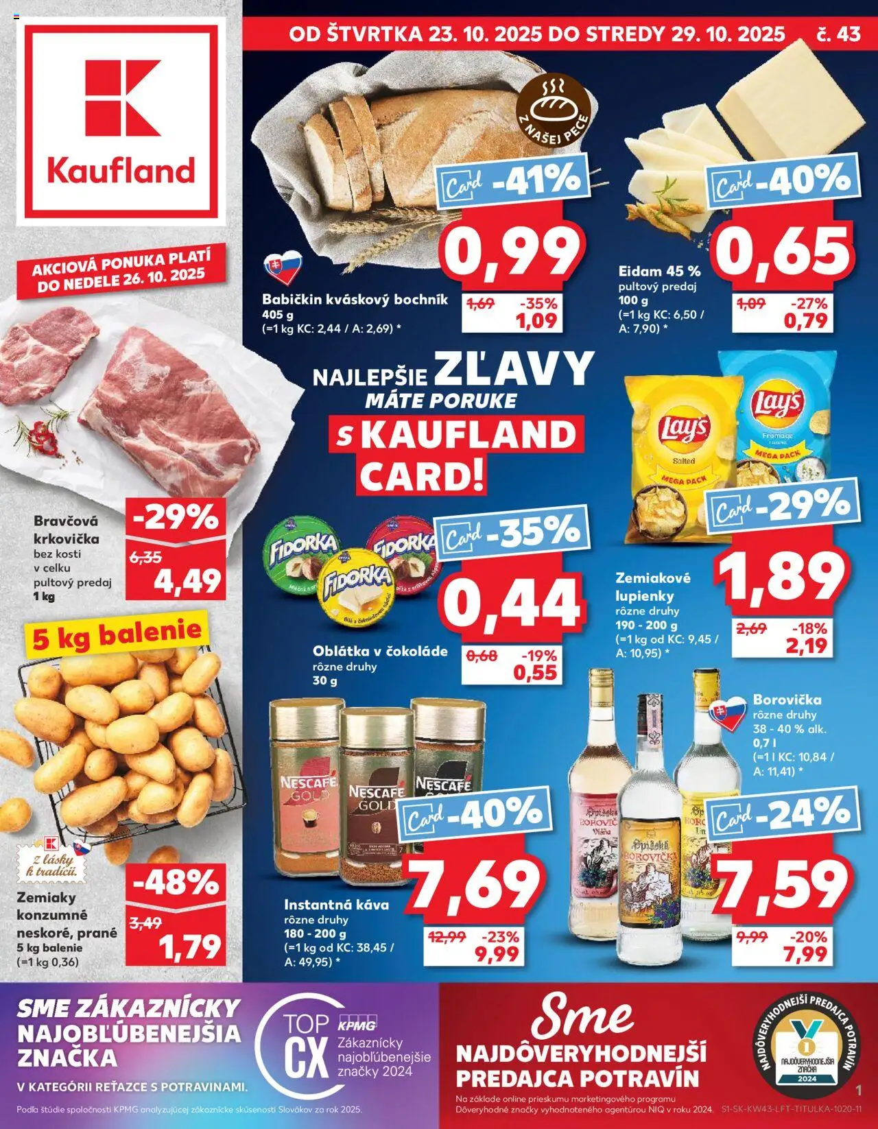 Nové Kaufland akcie – leták je platný od 23.10.2025 | Strana: 1 | Produkty: Borovička, Bravčová krkovička, Zemiaky, Nescafé Gold