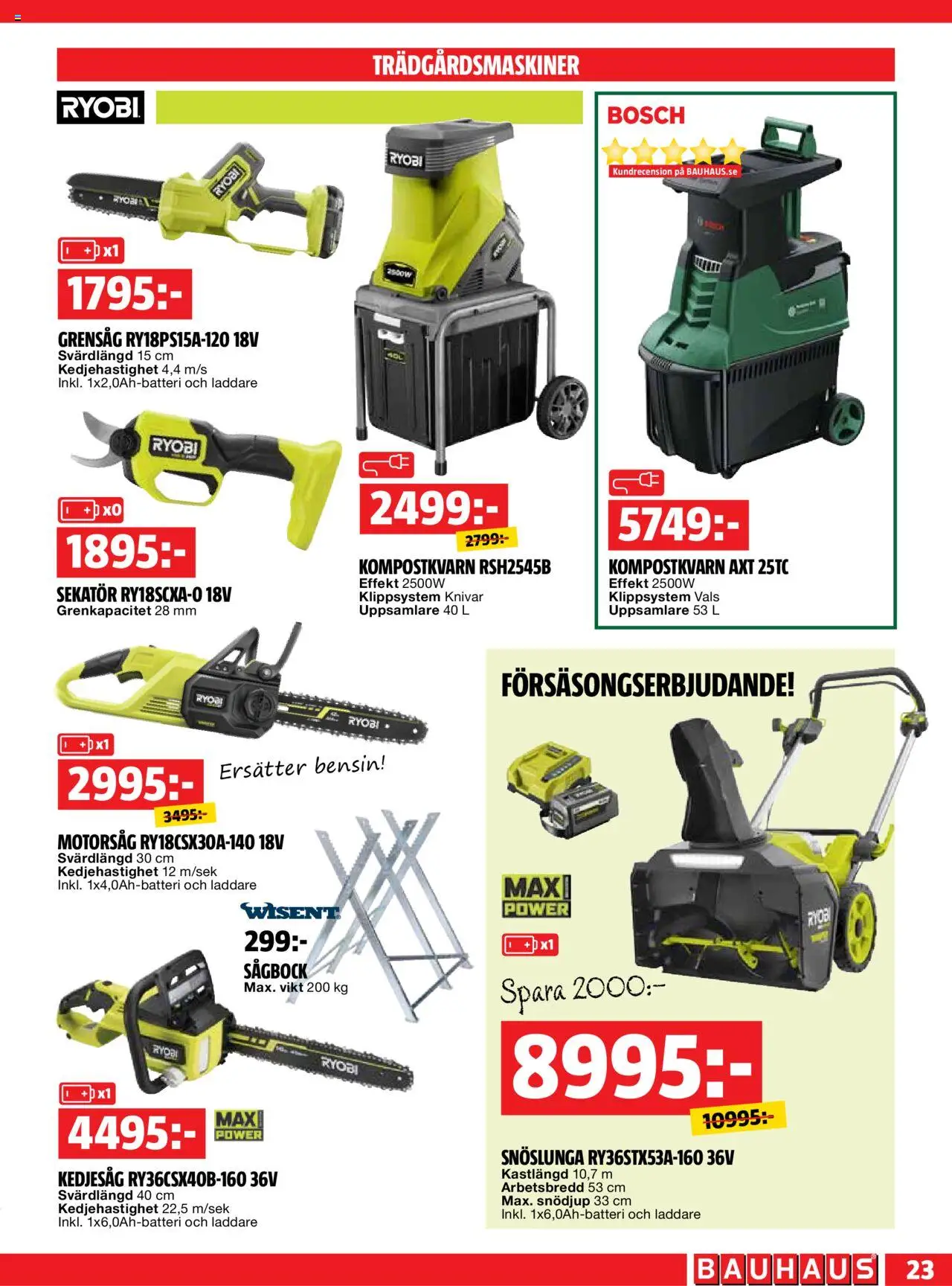 Bauhaus reklamblad aktuell från 29.09.2025 | Sida: 23 | Produkter: Sekatör, Snöslunga, Grensåg, Laddare