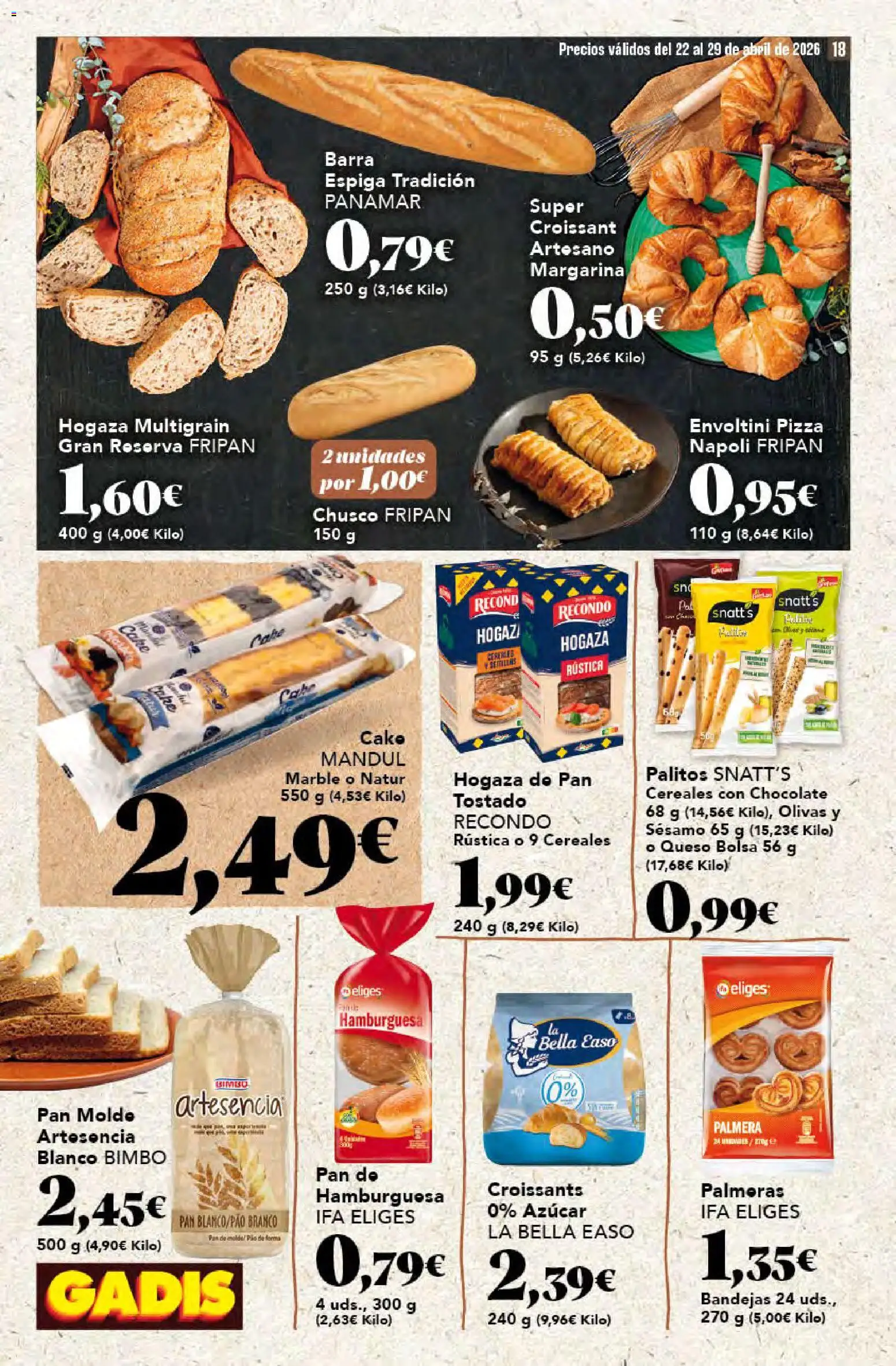 Gadis folleto │ válido desde el 22.04.2026 | Página: 18 | Productos: Queso, Croissant, Pan de hamburguesa, Σοκολατούχο γάλα