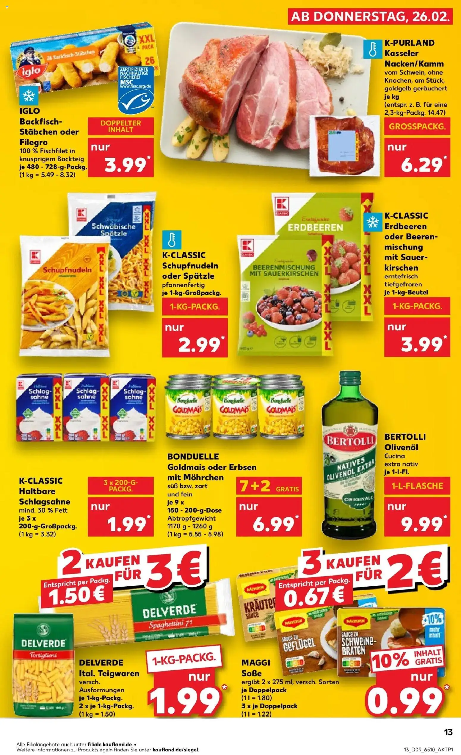Kaufland prospekt Kleve	 – gültig ab 26.02.2026 | Seite: 13 | Produkte: Olivenol, Bertolli olivenol, Pasta, Sahne