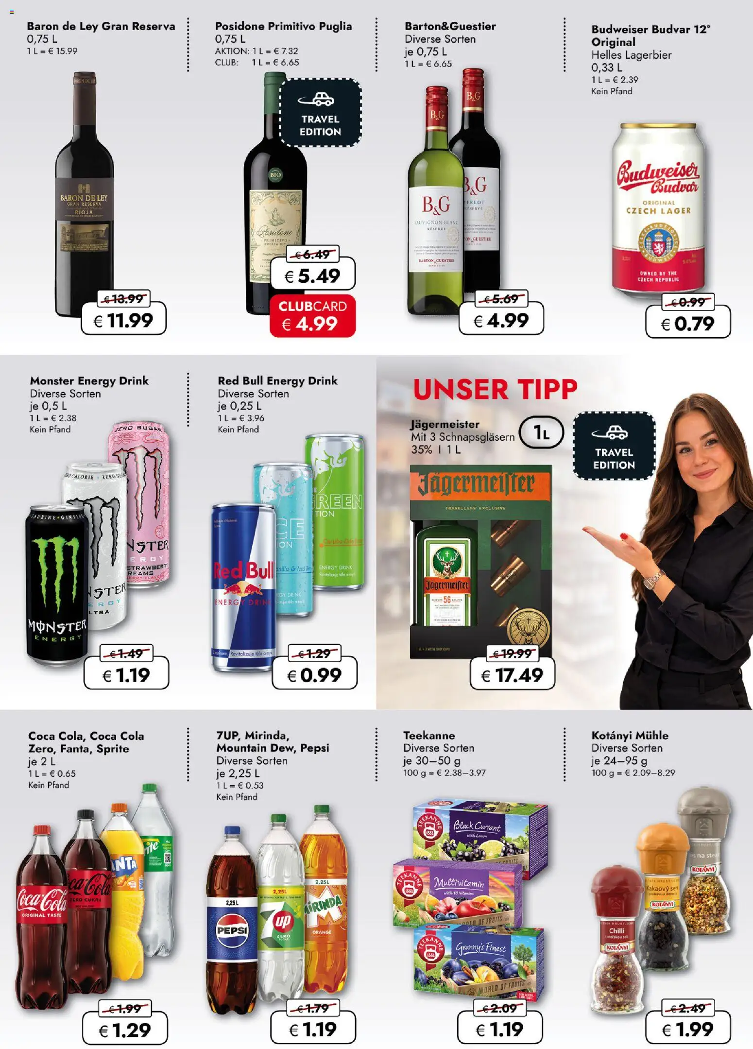Travel Free  Aktionsangebote – gültig ab 03.04.2026 | Seite: 7 | Produkte: Red bull, Monster, Jägermeister, Budweiser