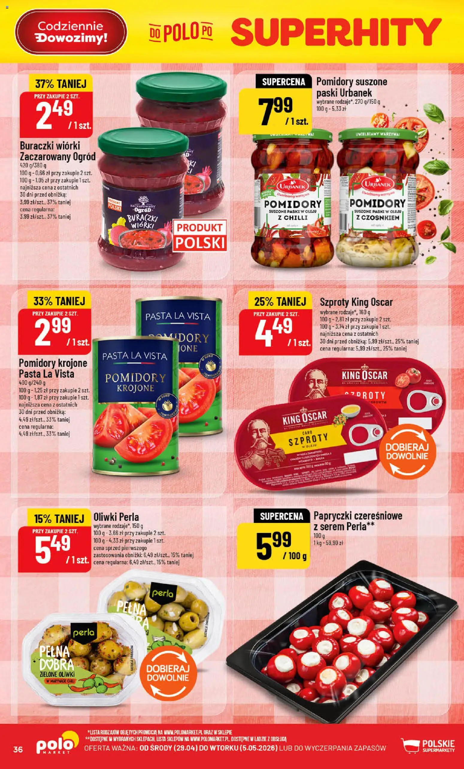 POLOmarket gazetka od 29.04.2026 | Strona: 36 | Produkty: Papryczki czereśniowe, Pomidory suszone, Pomidory, Warzywa