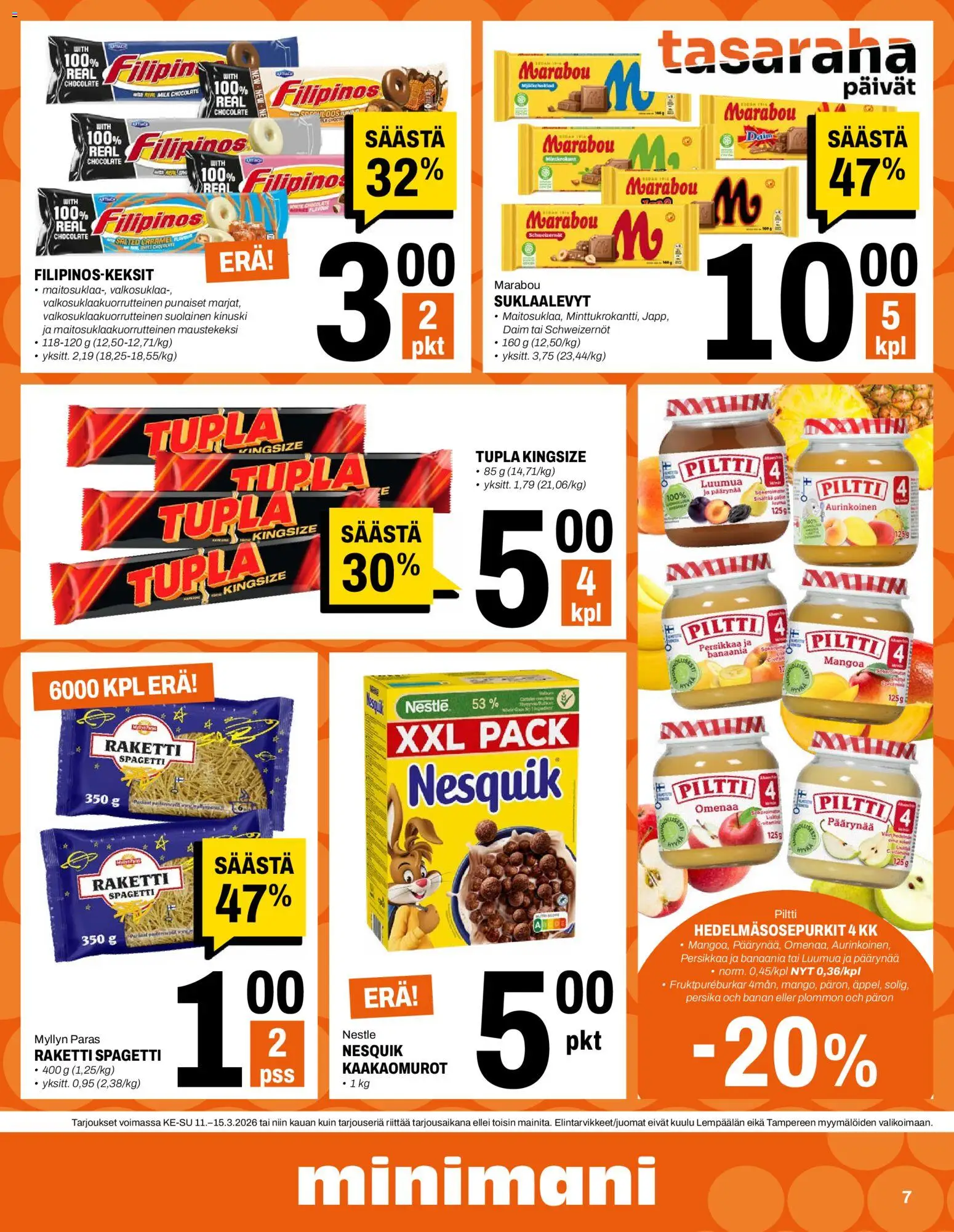 Minimani tarjoukset – voimassa 11.03.2026 alkaen | Sivu: 7 | Tuotteet: Spagetti, Suklaalevyt