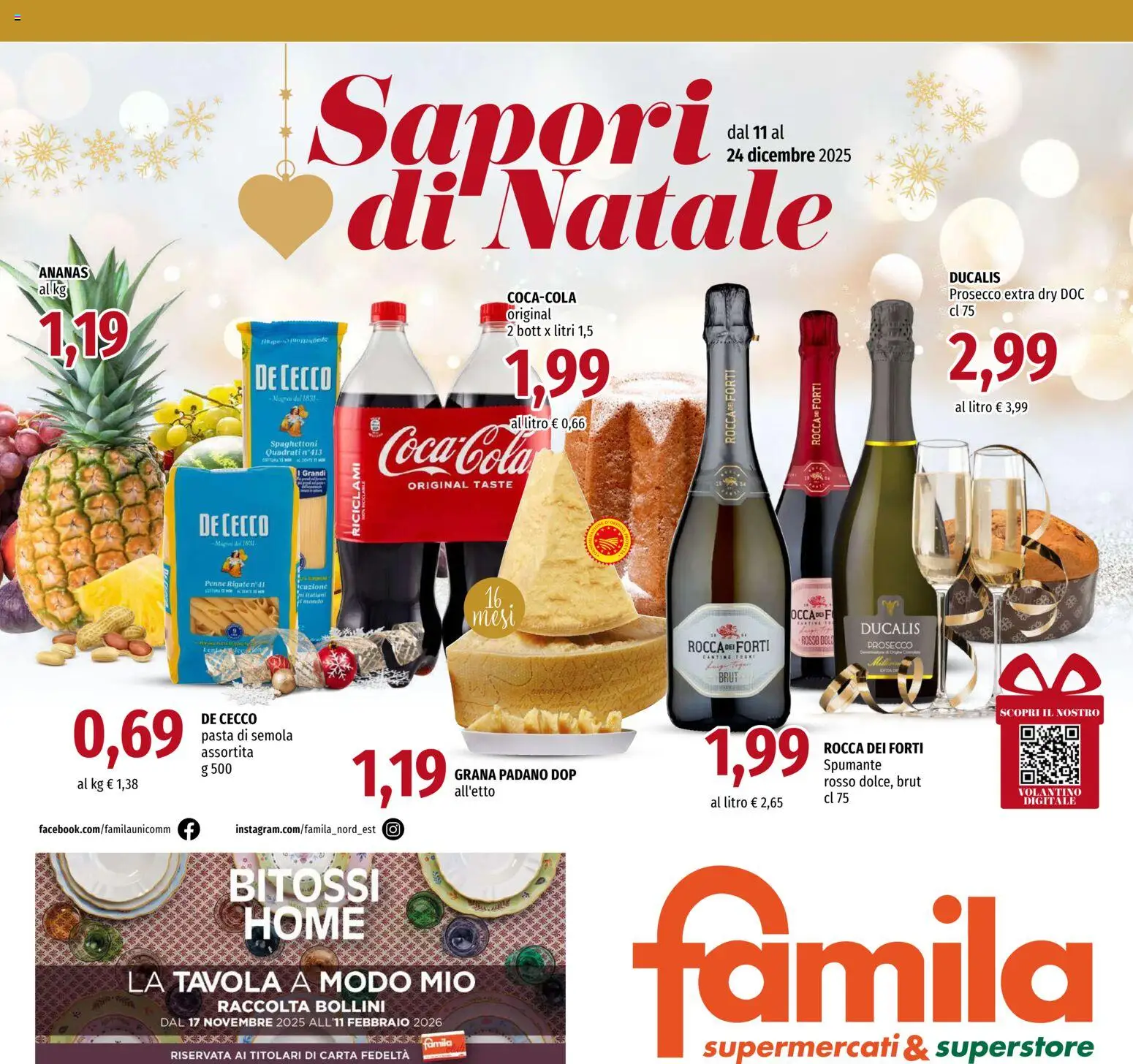 Volantino Famila del 11.12.2025 | Pagina: 1 | Prodotti: Prosecco, Pasta, Grana Padano, Penne