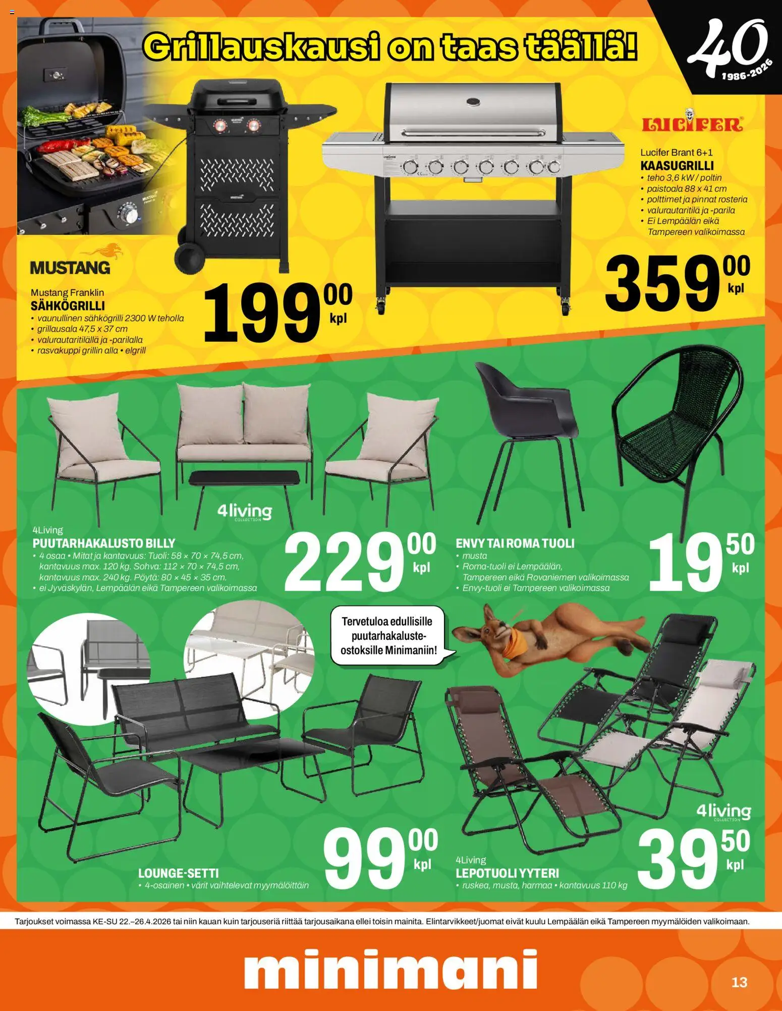 Minimani tarjoukset – voimassa 22.04.2026 alkaen | Sivu: 13 | Tuotteet: Lepotuoli, Sähkögrilli, Sohva, Tuoli