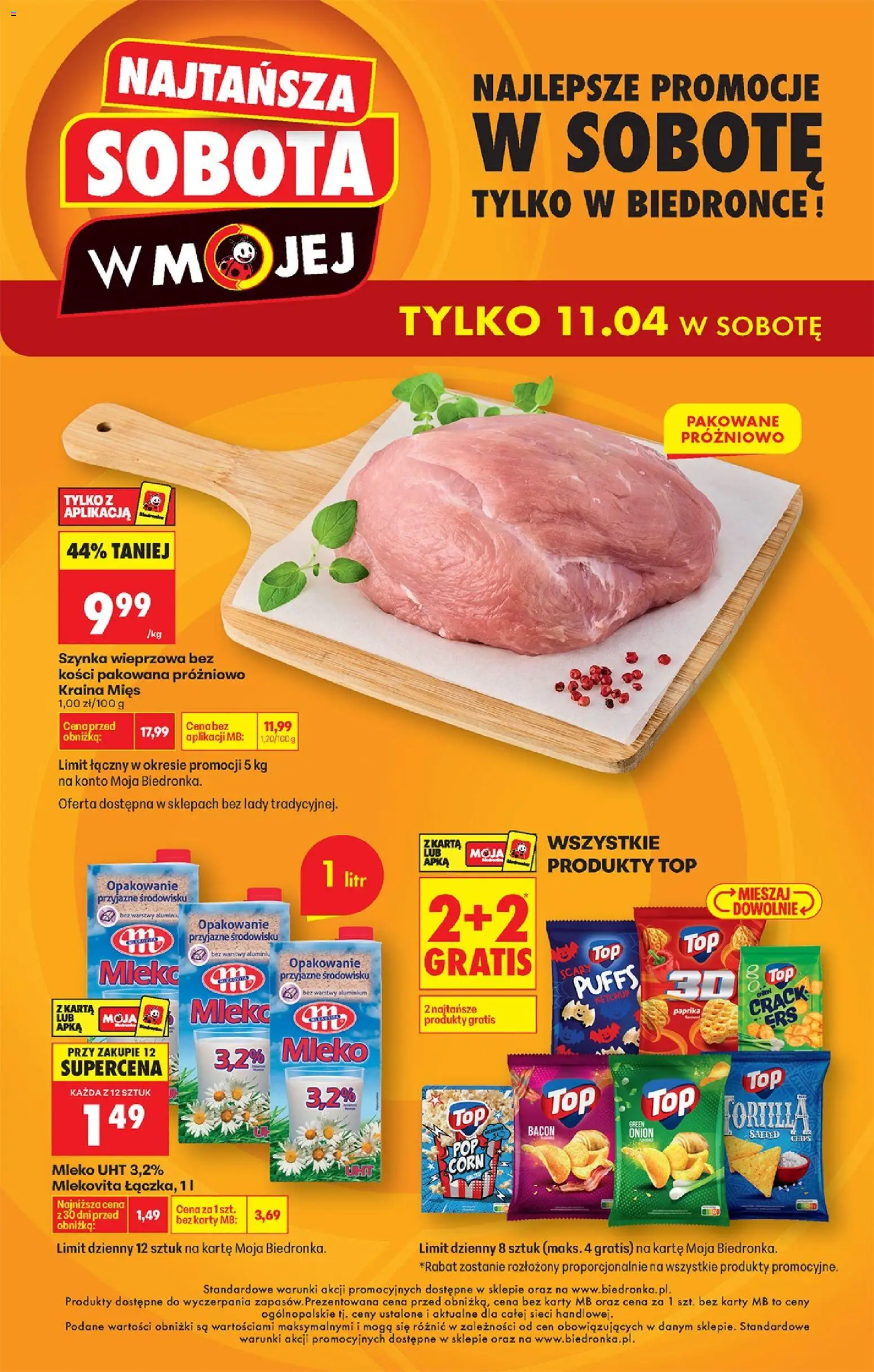 Biedronka gazetka - Najtańsza sobota od 11.04.2026 | Strona: 1 | Produkty: Karta, Szynka wieprzowa, Szynka, Mleko