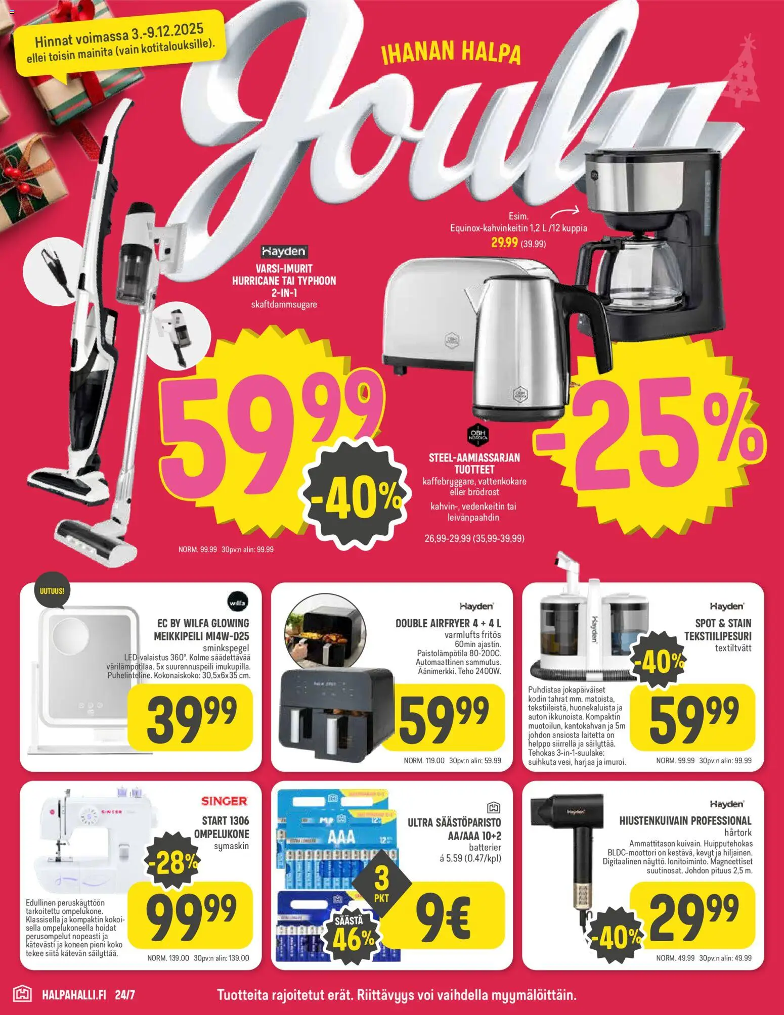 Halpa Halli tarjoukset – voimassa 03.12.2025 alkaen | Sivu: 12 | Tuotteet: Vedenkeitin, Leivänpaahdin, Ompelukone, Voi