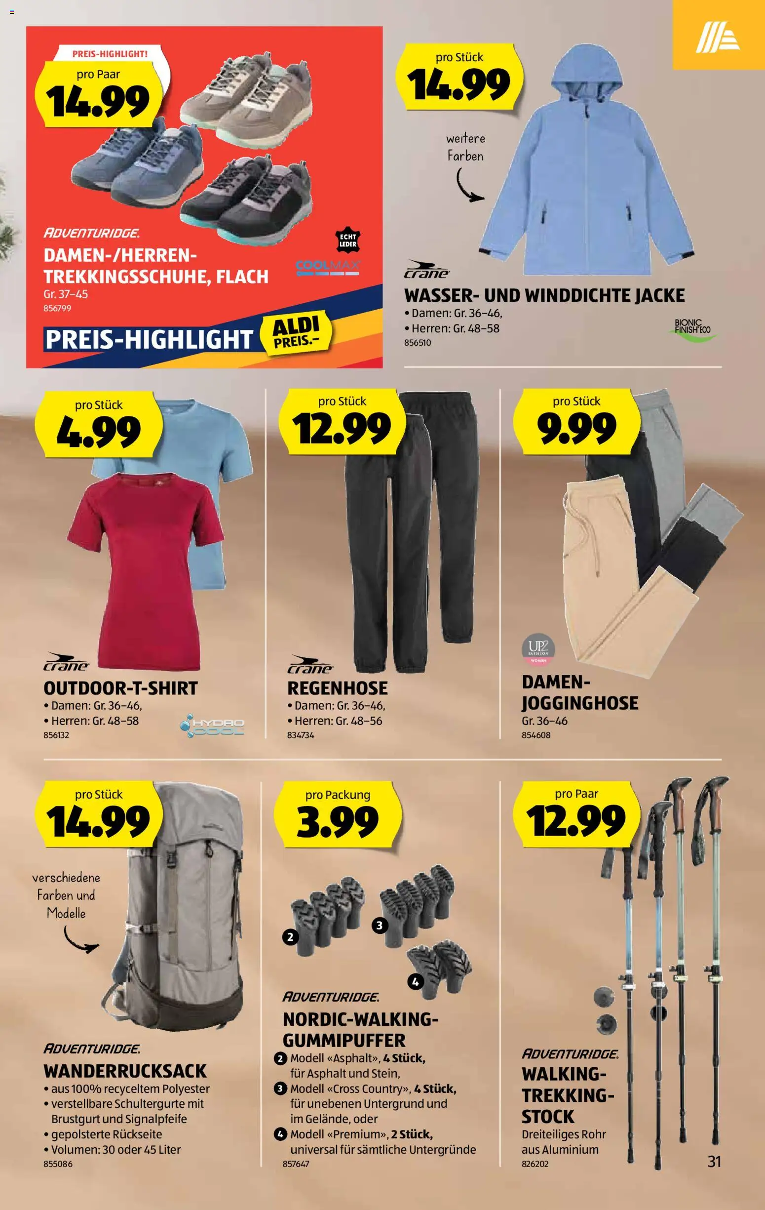 Aldi aktionen – gültig ab 02.04.2026 | Seite: 32 | Produkte: Walking, Wanderrucksack, Wasser, Jogginghose