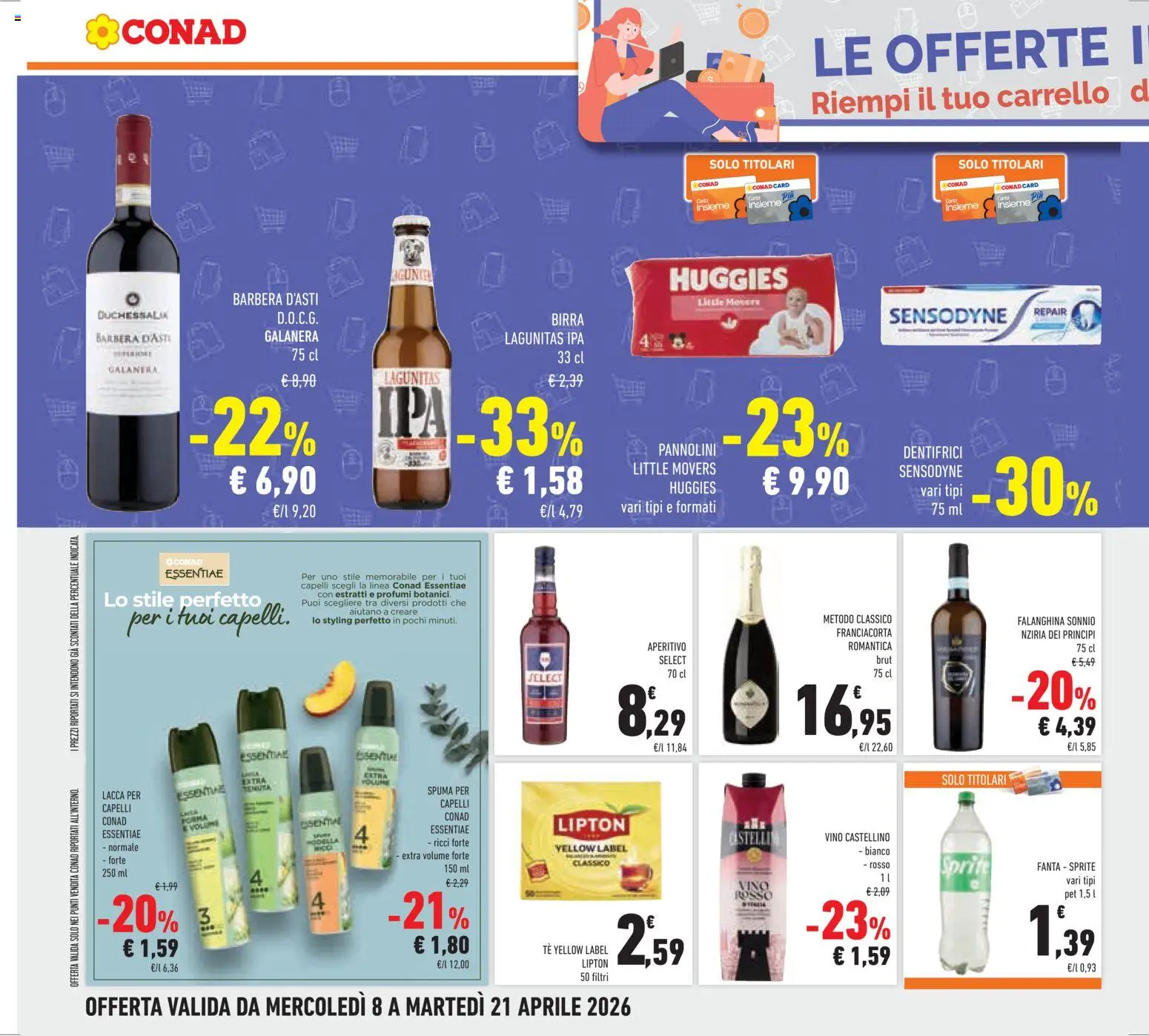 Volantino Conad del 08.04.2026 | Pagina: 28 | Prodotti: Lacca per capelli, Pannolini, Fanta, Aperitivo