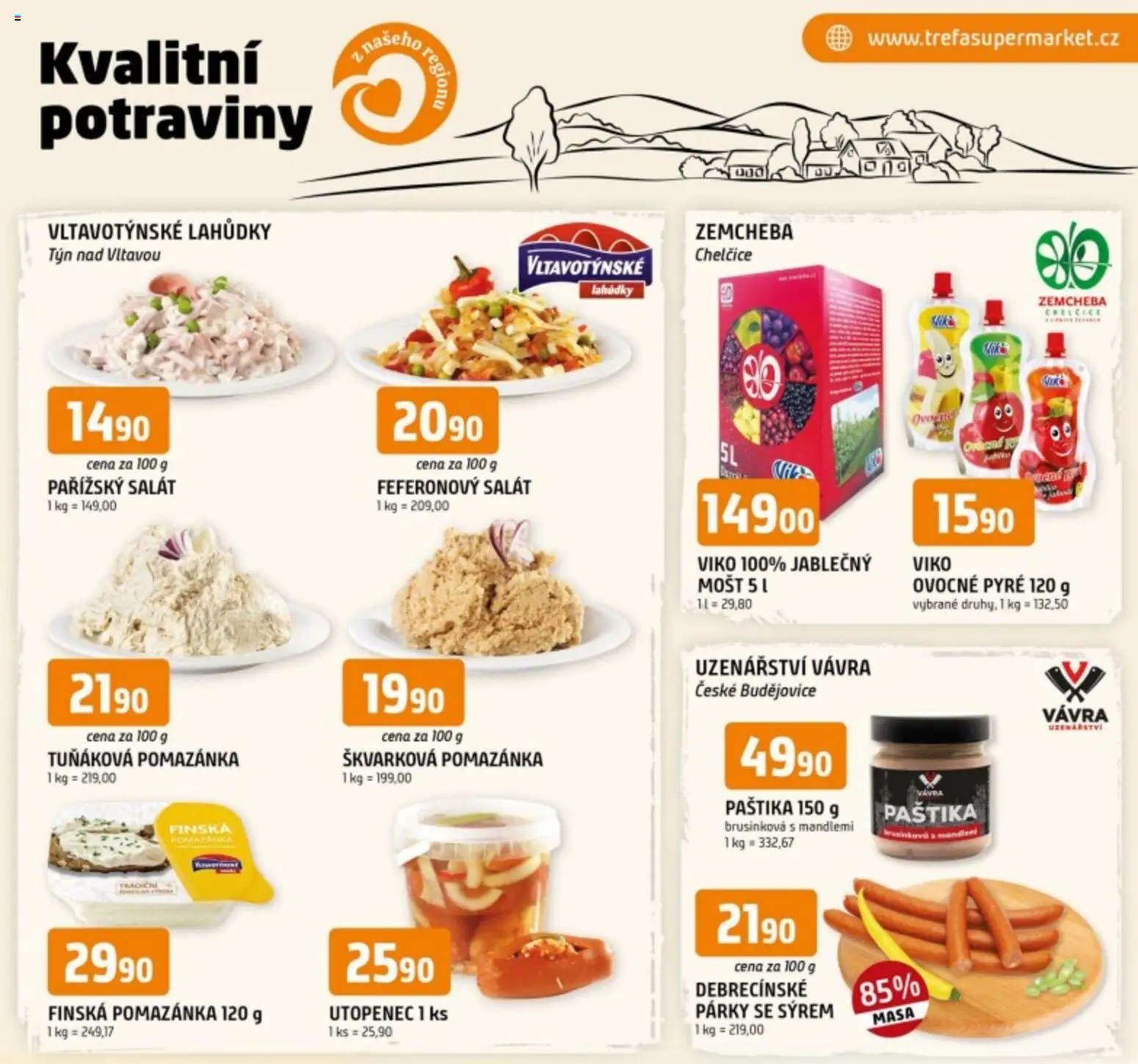Trefa leták - Kvalitní potraviny z našeho regionu od 26.11.2025 | Strana: 1 | Produkty: Párky, Tuňáková pomazánka, Salát, Paštika