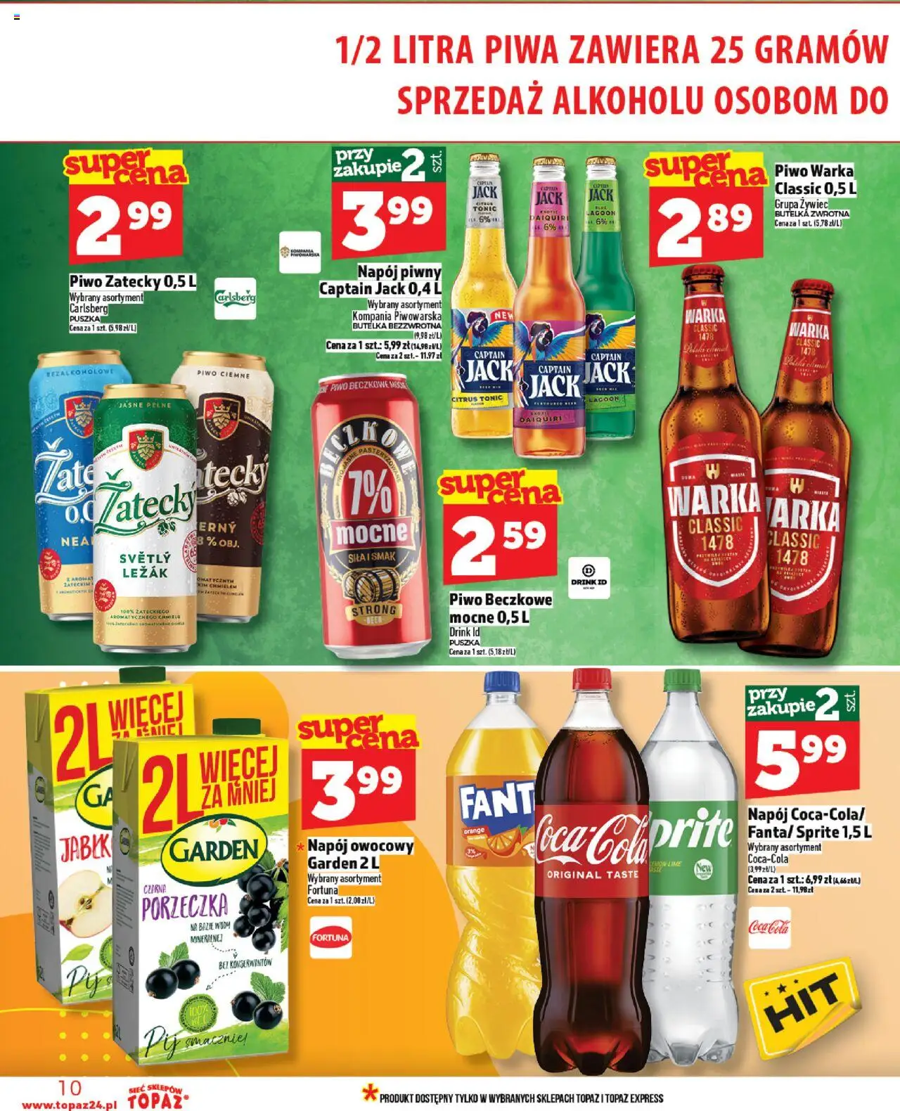 Topaz Gazetka od 14.08.2025 | Strona: 10 | Produkty: Sprite, Coca cola, Leżak, Piwo Warka