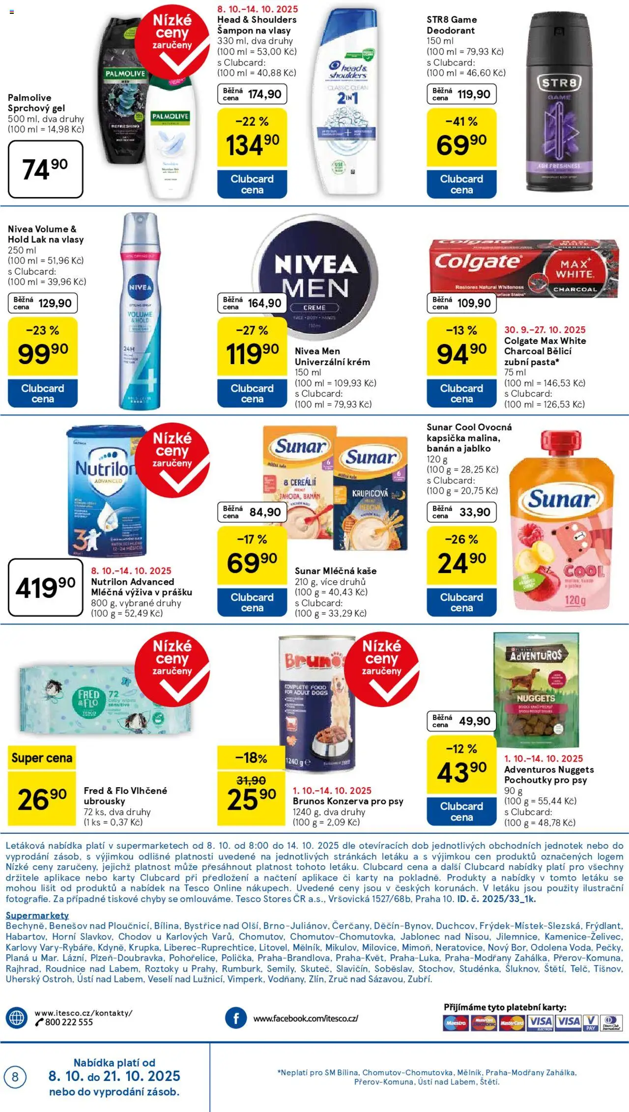 Tesco leták - Supermarket od 08.10.2025 | Strana: 8 | Produkty: Vlhčené ubrousky, Deodorant, Head & Shoulders, Karty