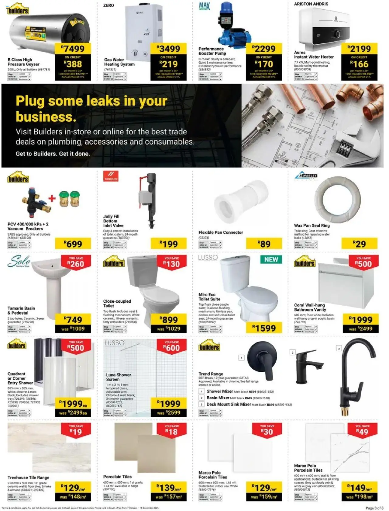New Builders catalogue – valid from 07.10.2025 | Page: 3 | Products: Connector, Pedestal, Heater, Geyser