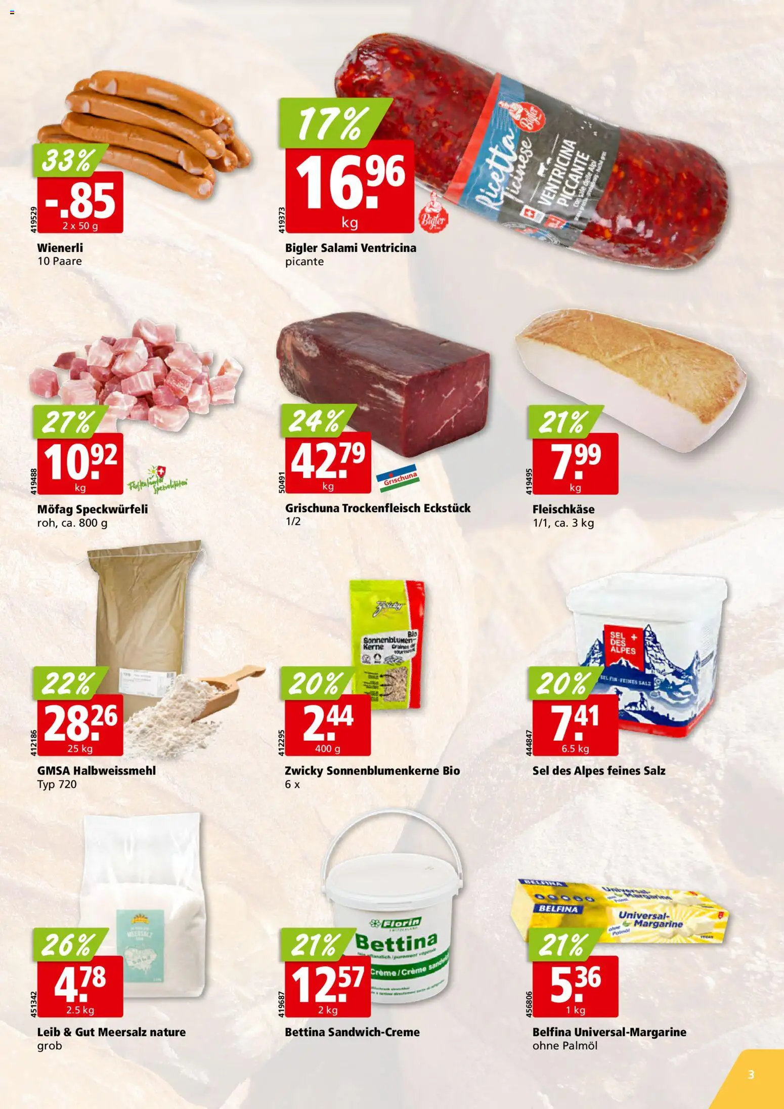 Aligro aktionen Bäckerei Schlieren, Gossau SG, Frauenfeld, Rapperswil-Jona, Sargans, Bern – gültig ab 16.03.2026 | Seite: 3 | Produkte: Salami, Salz, Creme