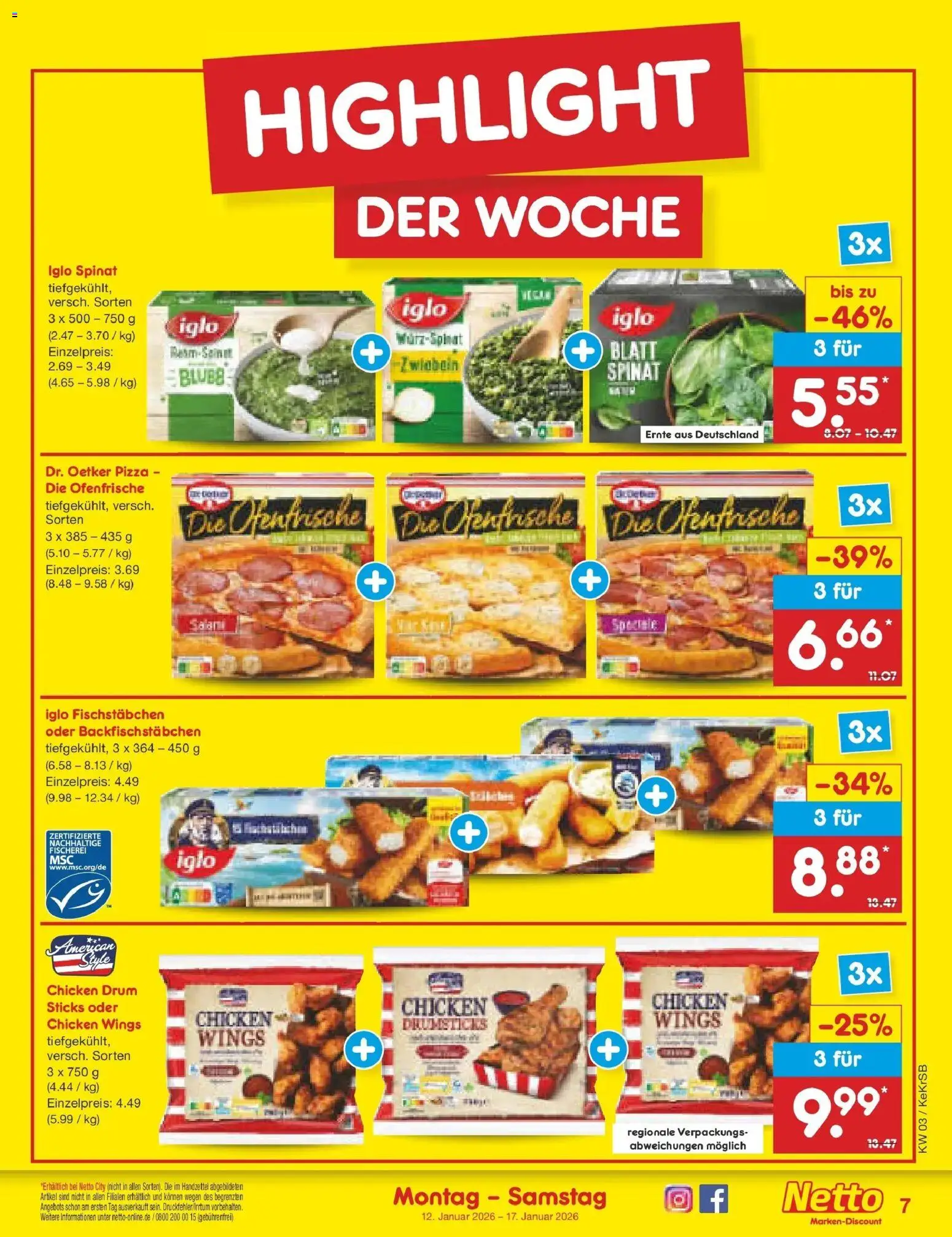 Netto Marken-Discount prospekt Kruft	 – gültig ab 12.01.2026 | Seite: 7 | Produkte: Iglo, Ofenfrische, Fischstabchen, Pizza