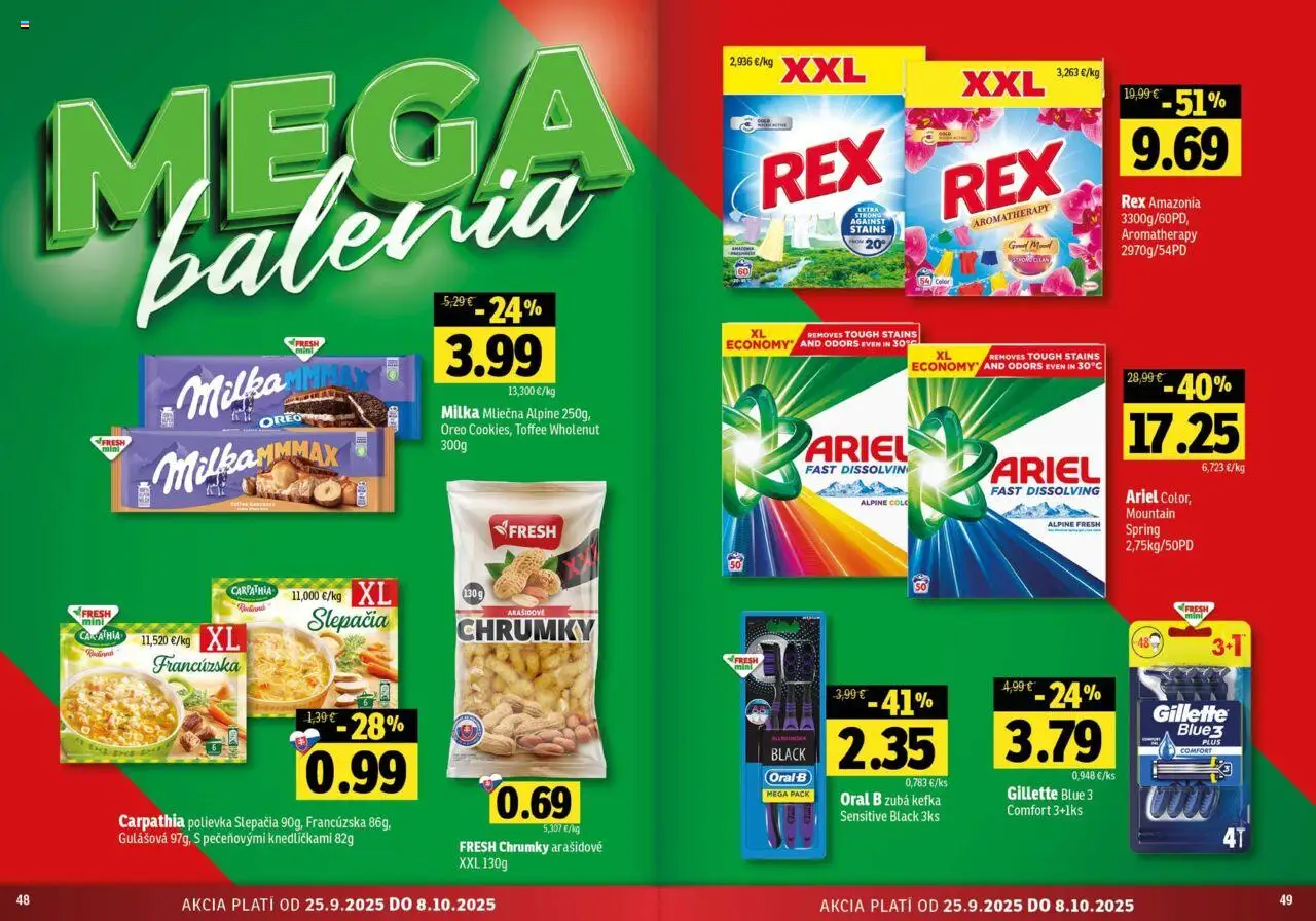 Nové Fresh akcie – leták je platný od 25.09.2025 | Strana: 25 | Produkty: Ariel, Milka