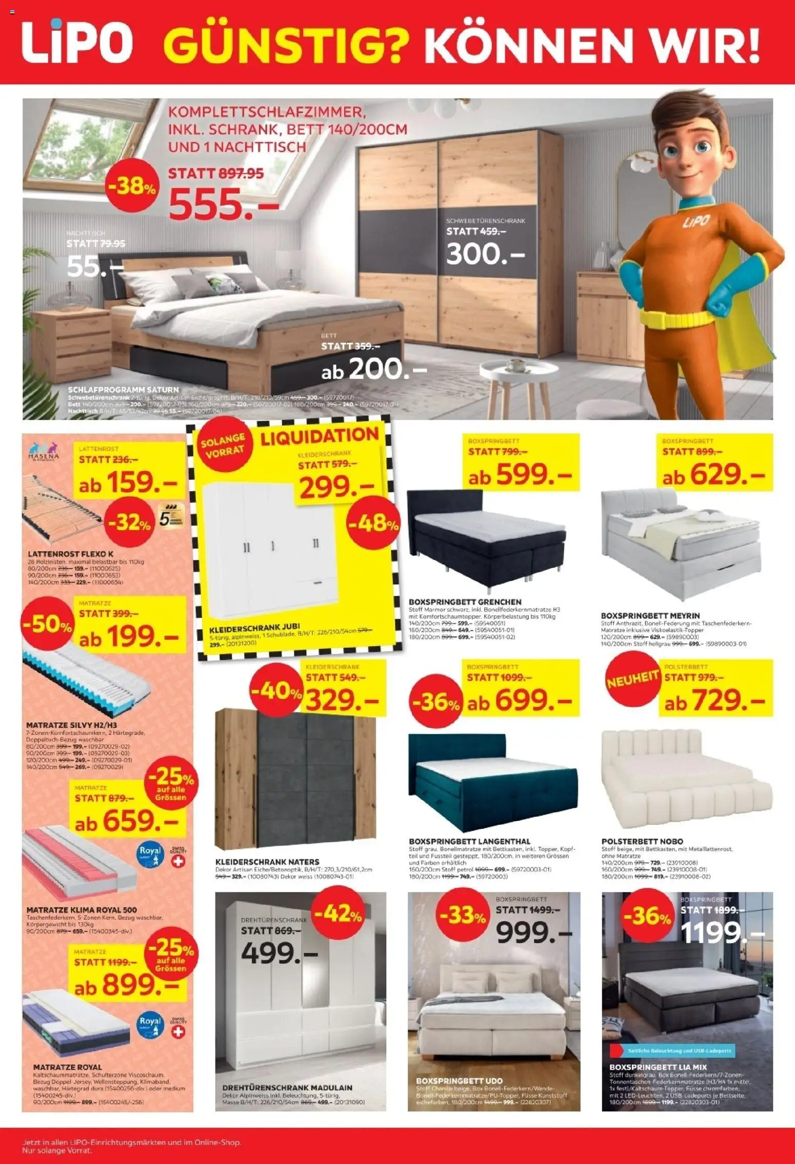 Lipo Aktionen Sale – gültig ab 23.12.2025 | Seite: 2 | Produkte: Schwebetürenschrank, Polsterbett, Drehtürenschrank, Boxspringbett