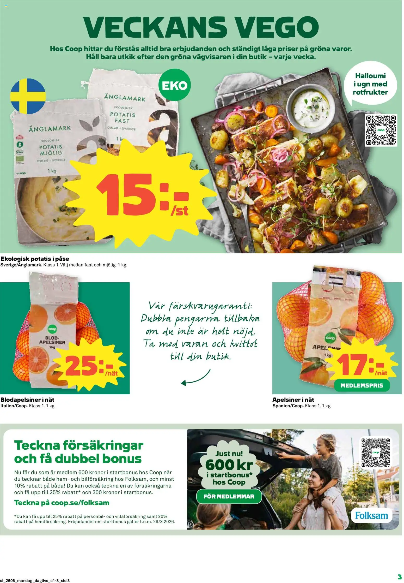 Coop Daglivs reklamblad aktuell från 02.02.2026 | Sida: 3 | Produkter: Halloumi, Apelsiner, Potatis, Häll