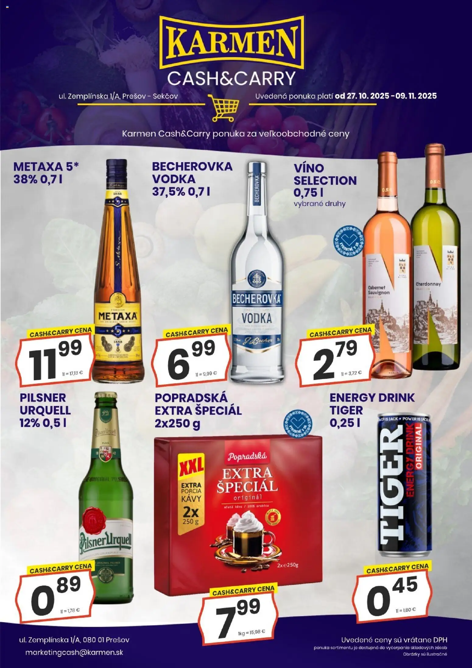 Nové KARMEN CBA akcie – leták je platný od 27.10.2025 | Strana: 1 | Produkty: Metaxa, Káva, Víno, Vodka