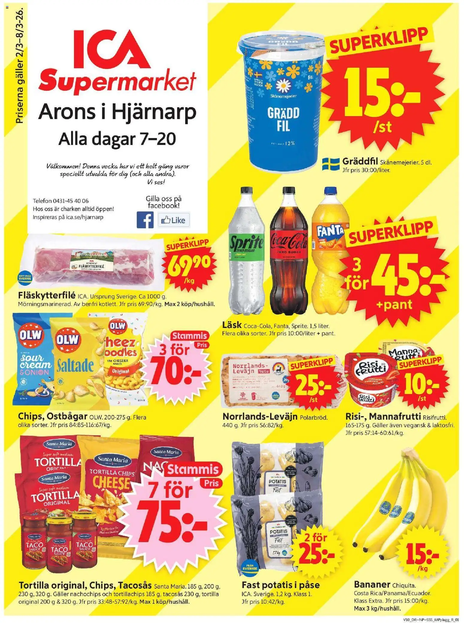 ICA Supermarket reklamblad aktuell från 02.03.2026 | Sida: 1 | Produkter: Fanta, Sprite, Gräddfil, Telefon