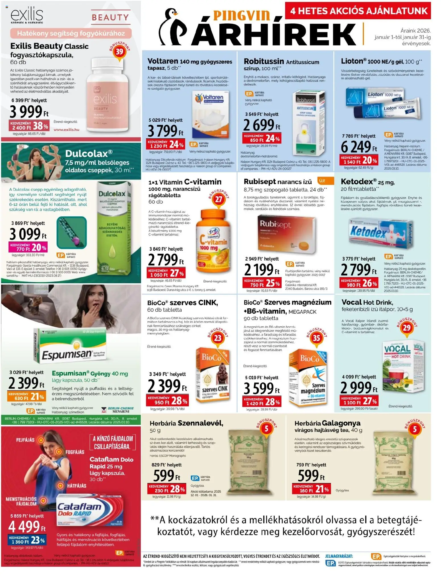 Pingvin Patika akciós ujság - amely érvényes a következő dátumtól: 01.01.2026 | Oldal: 4 | Termékek: Fellépő, Narancs, Óra, Italpor
