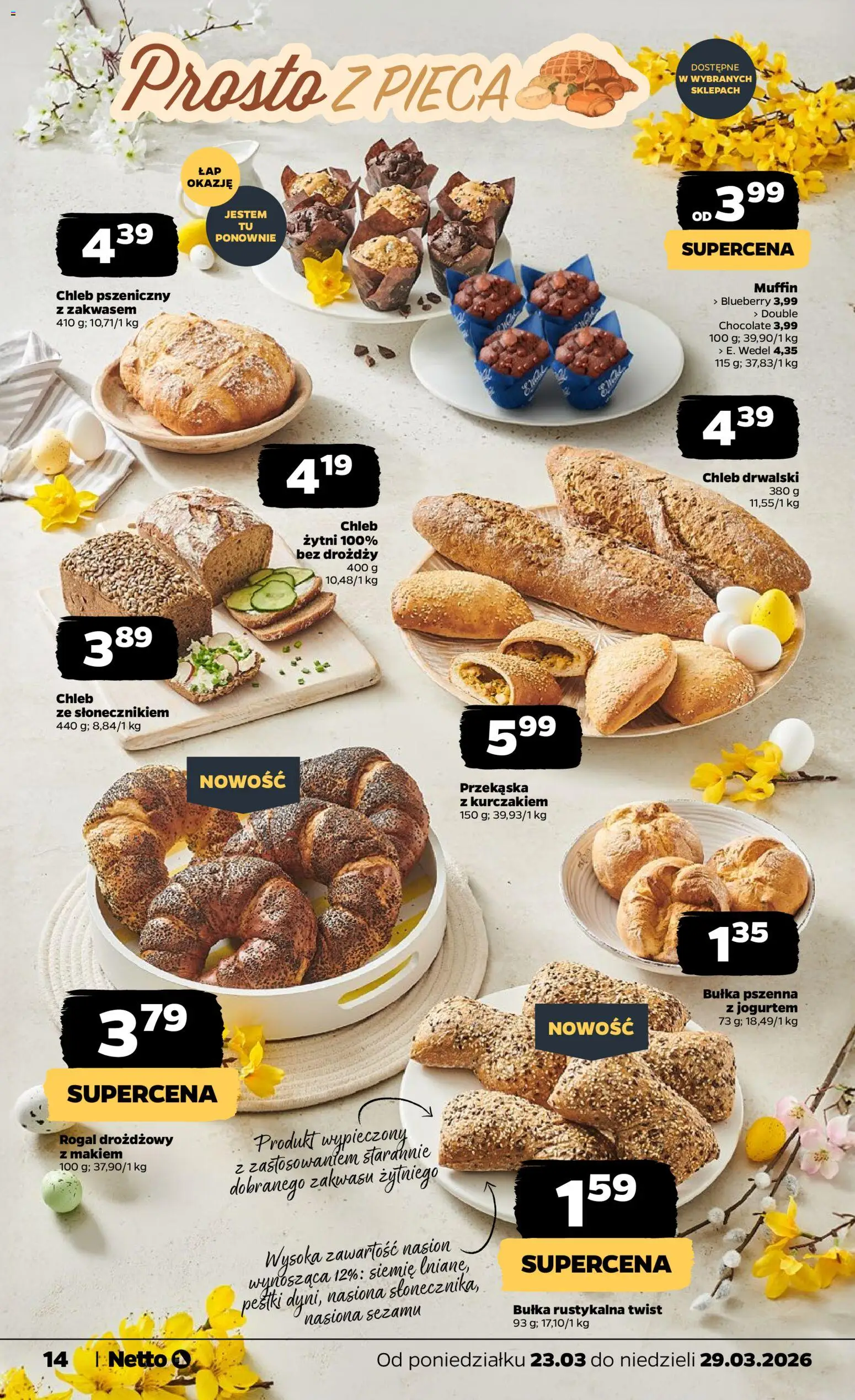 Netto gazetka od poniedziałku spożywcza od 23.03.2026 | Strona: 14 | Produkty: Nasiona, Bułka, Chleb, Bułka pszenna
